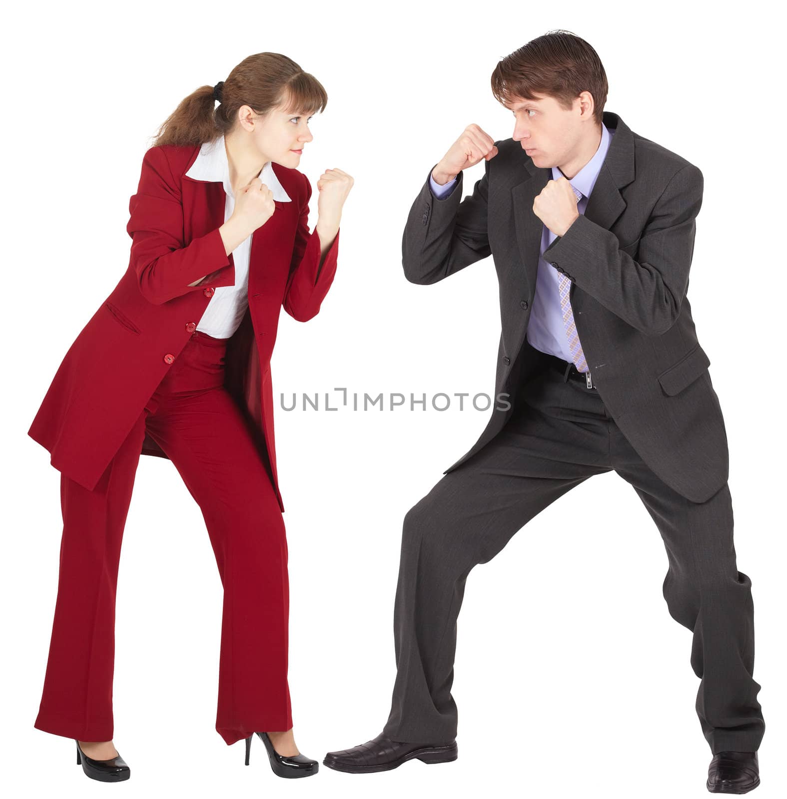 Man and woman in business suits are going to fight on white background