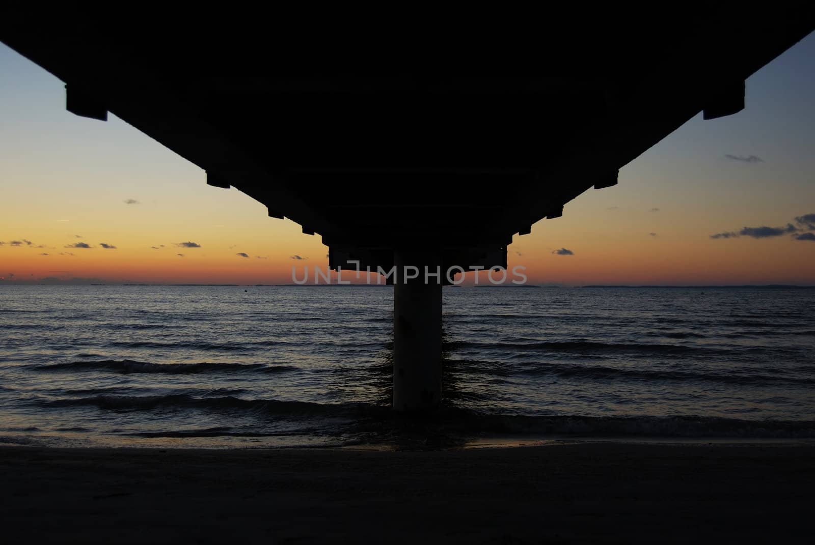 pier going out into the Baltic Sea at dusk with copyspace