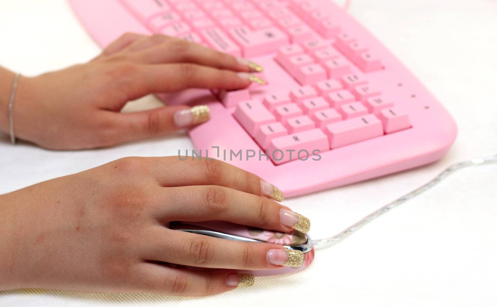 Hands of the girl on keyboard and mouse by fedlog