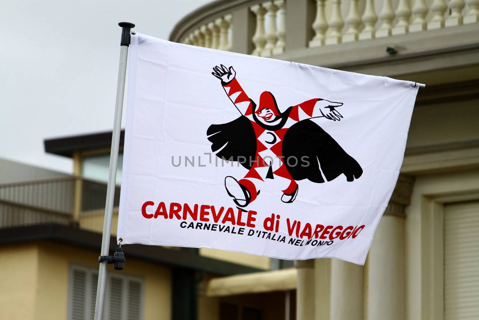 The Burlamacco. Flag represents the carnival of Viareggio 
