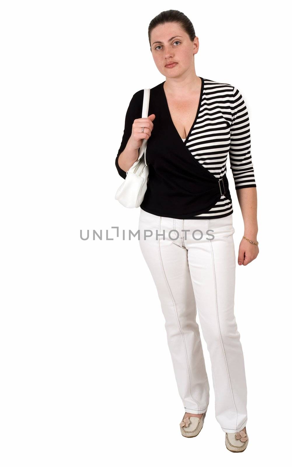 girl with a handbag on a white background