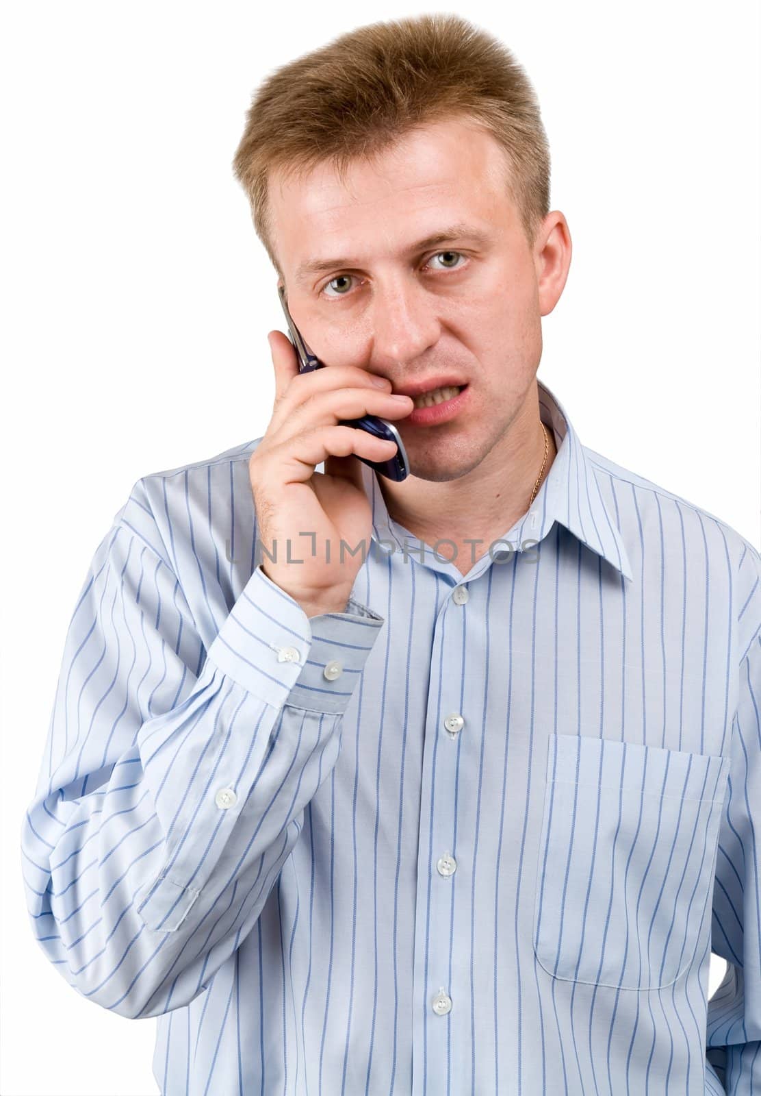 serious man with mobile phone on a white background