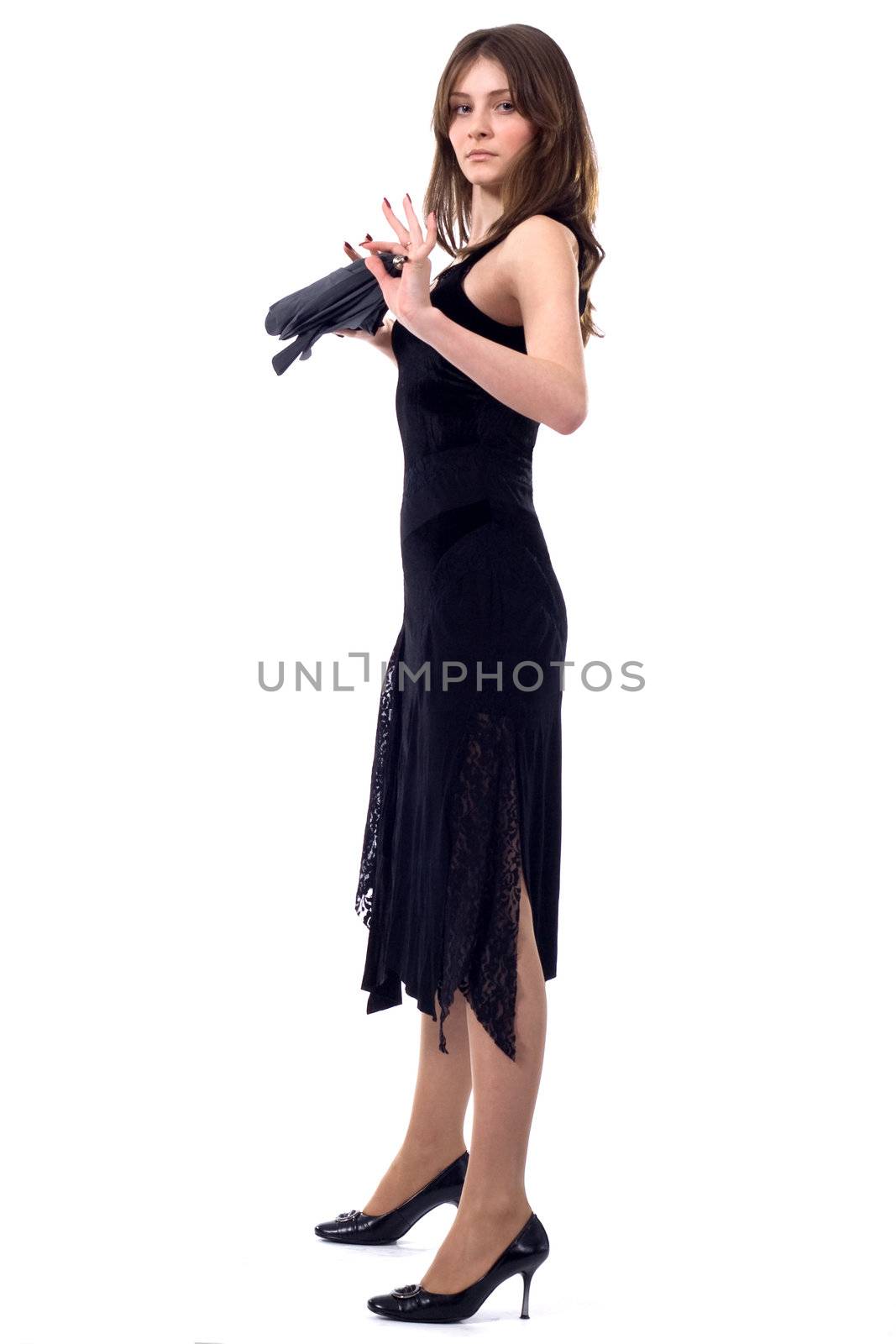 beautiful standing lady in black with umbrella
