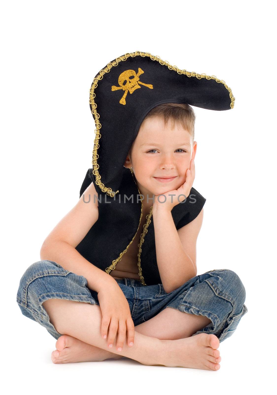 Sitting little tired pirate on isolated background