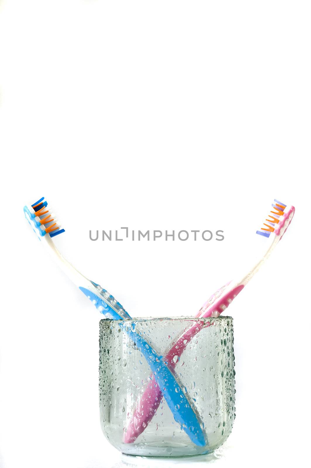 his and hers toothbrushes, isolated on white