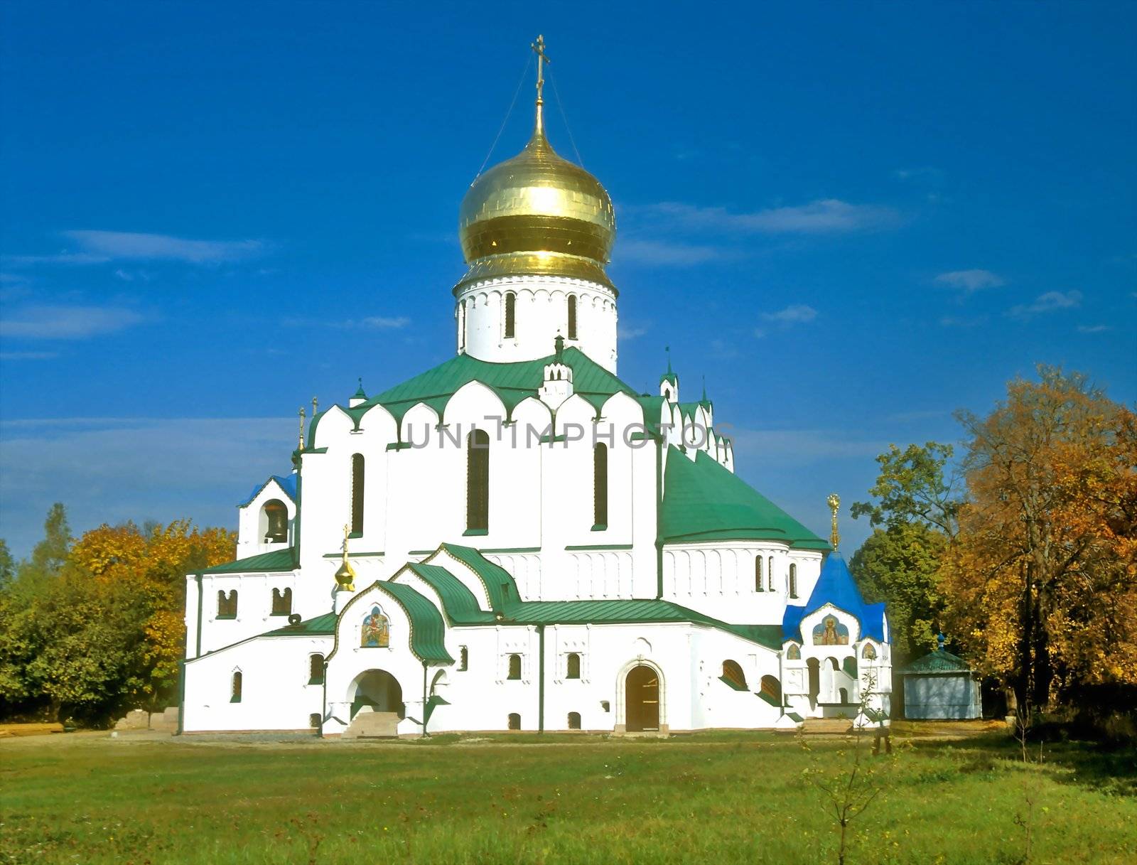 View of white russian cathedral in Autumn