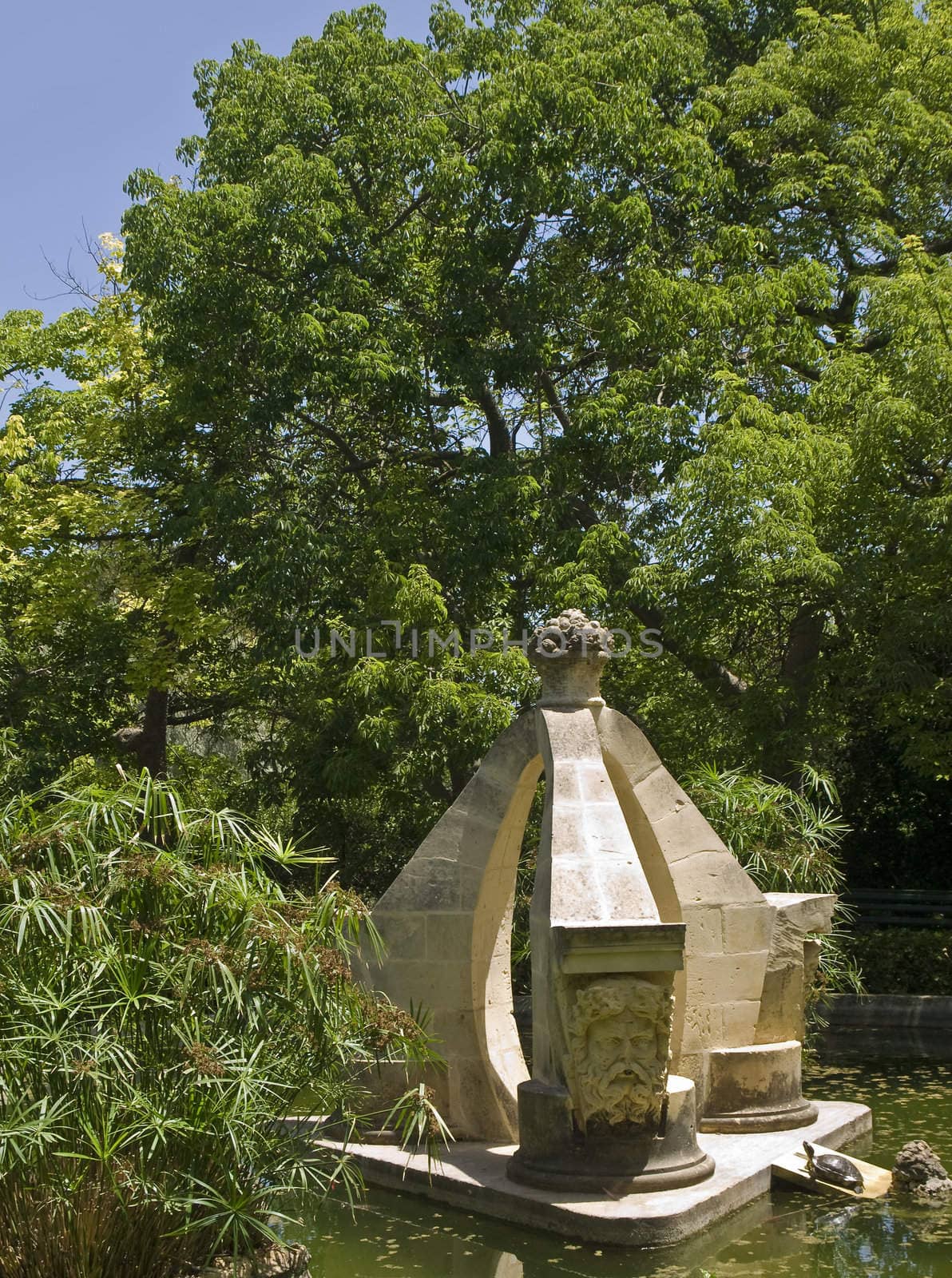 Limestone fountain in a garden   