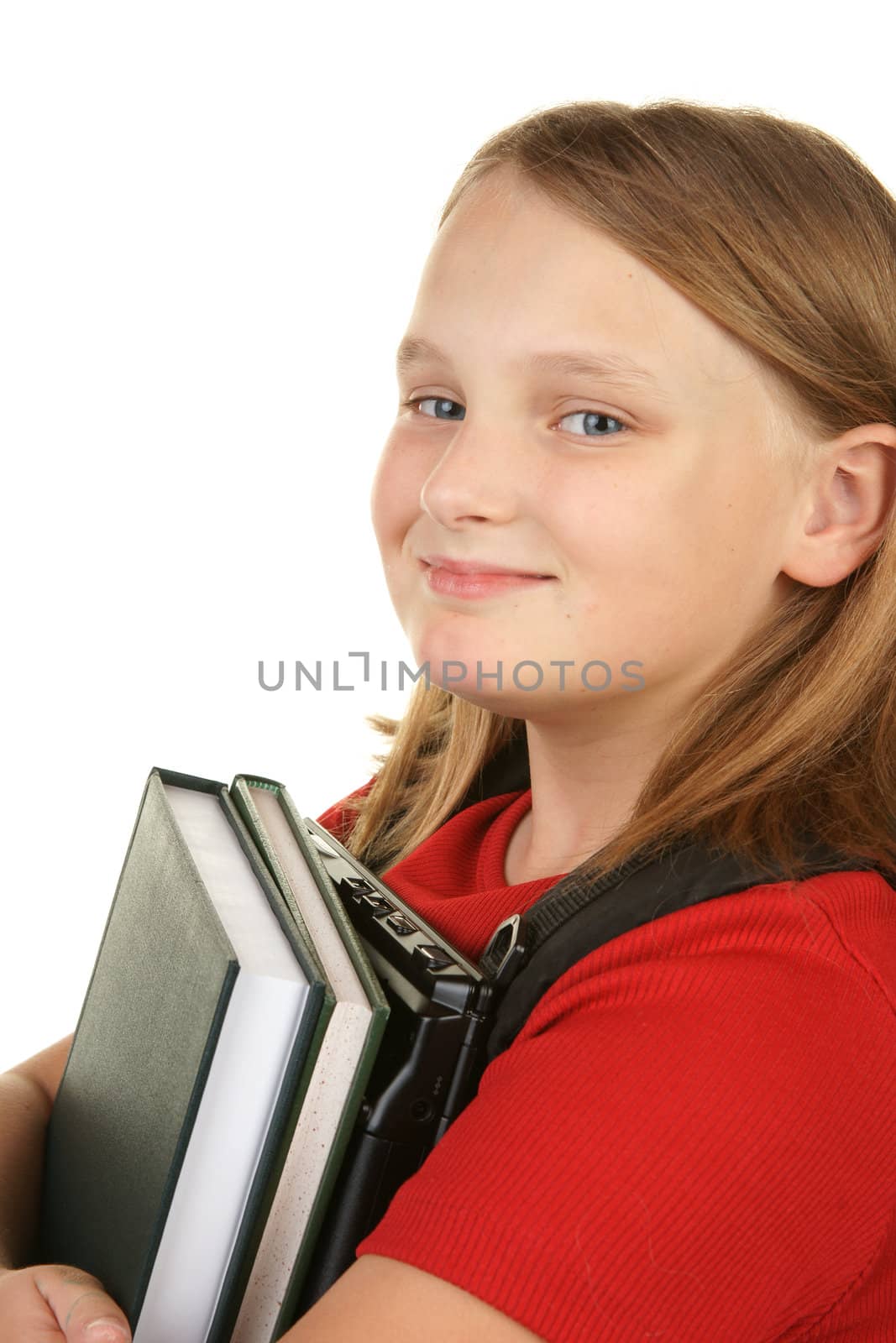girl ready for school with books and laptop