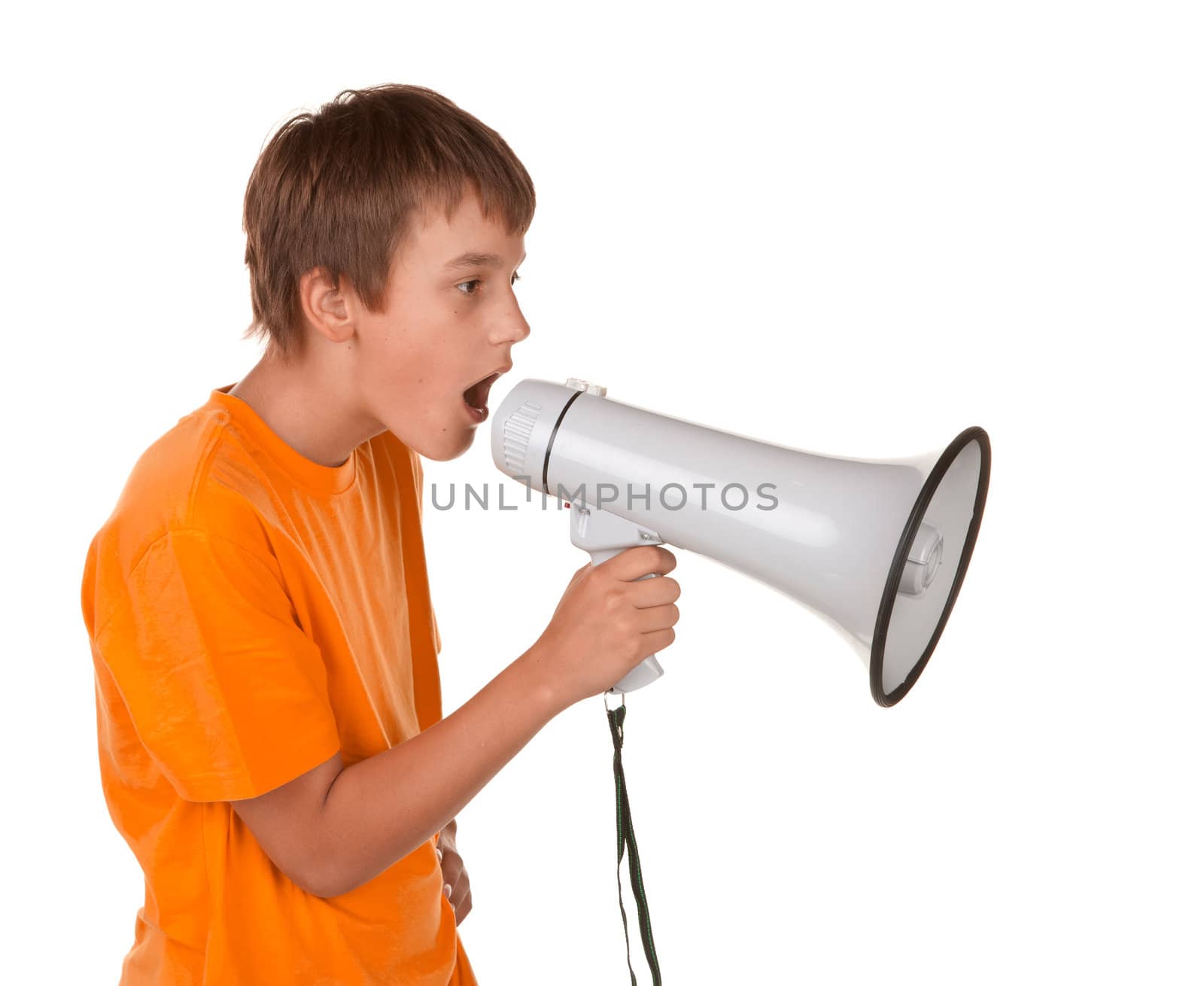boy yelling into a megaphone by clearviewstock