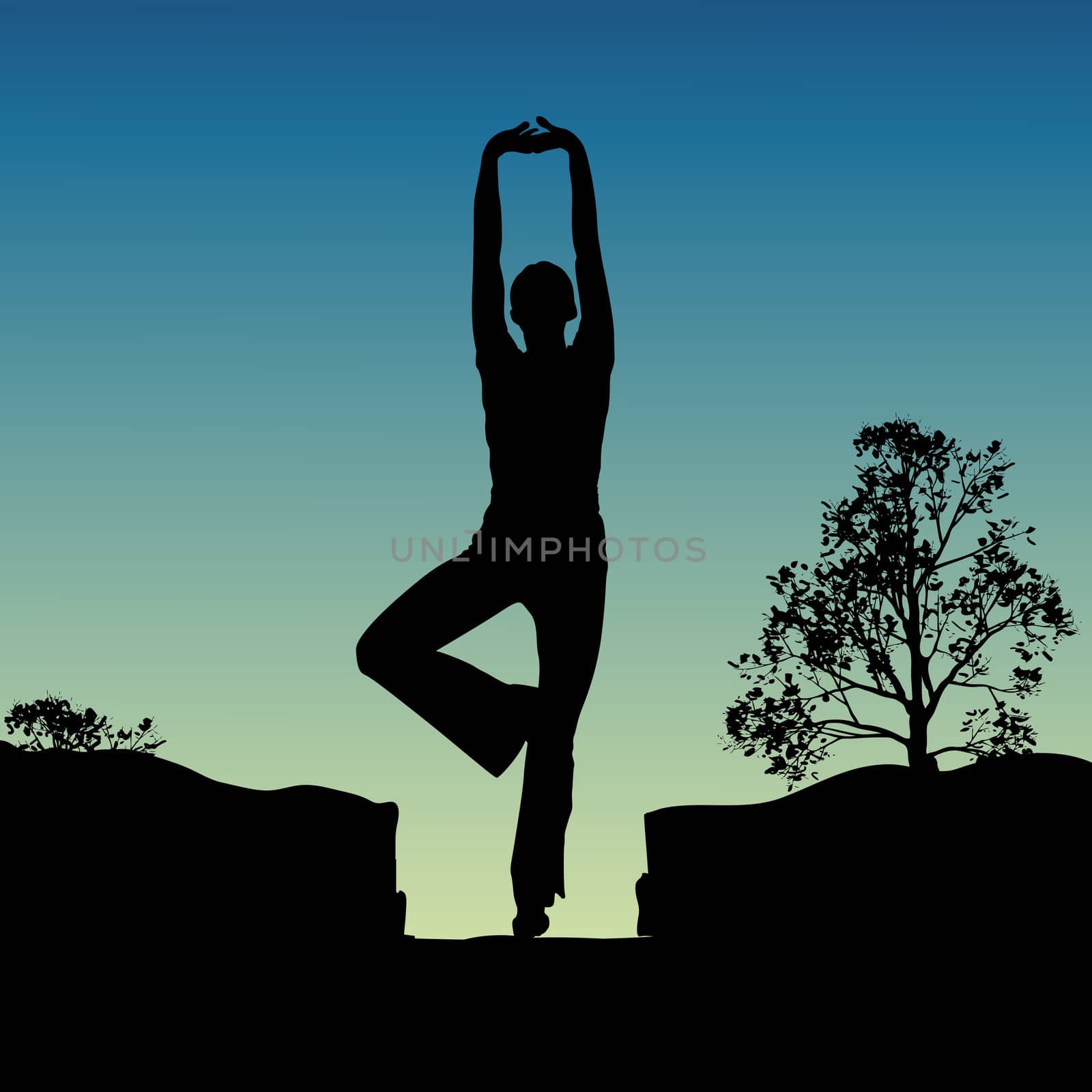 silhouette view of human doing yoga, standing position