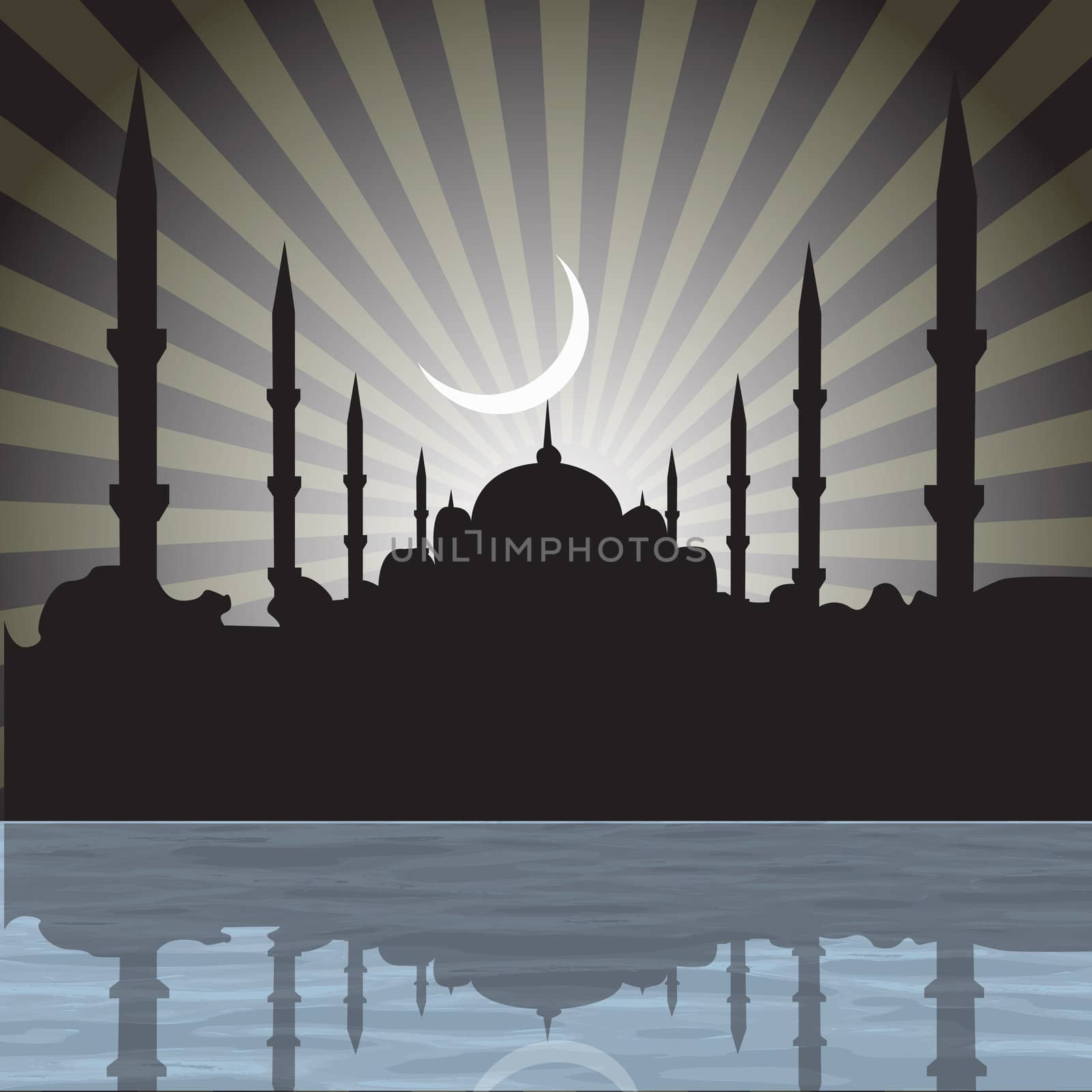 silhouette of a mosque with rays, moon background by abhishek4383