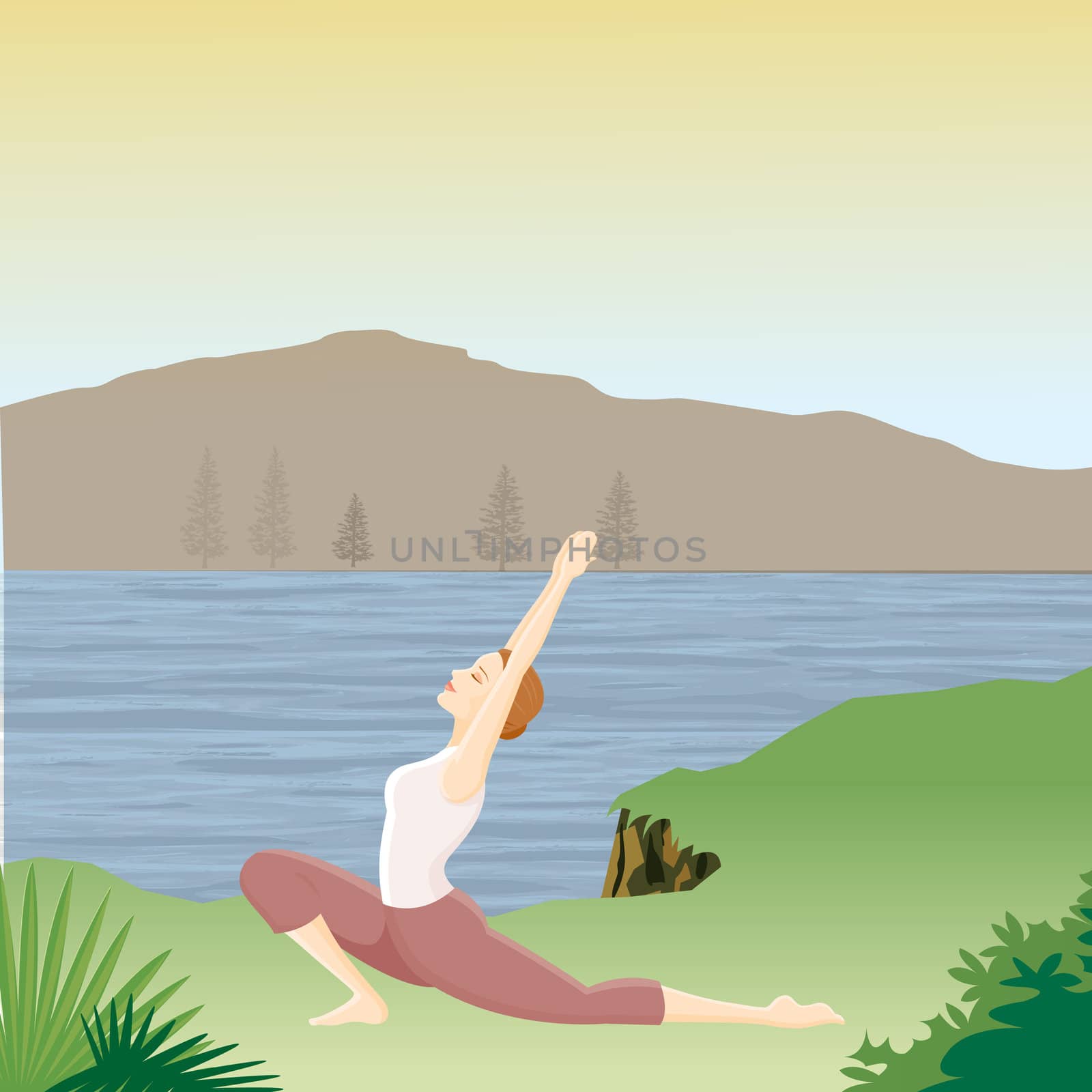 woman doing yoga with river mountain background by abhishek4383