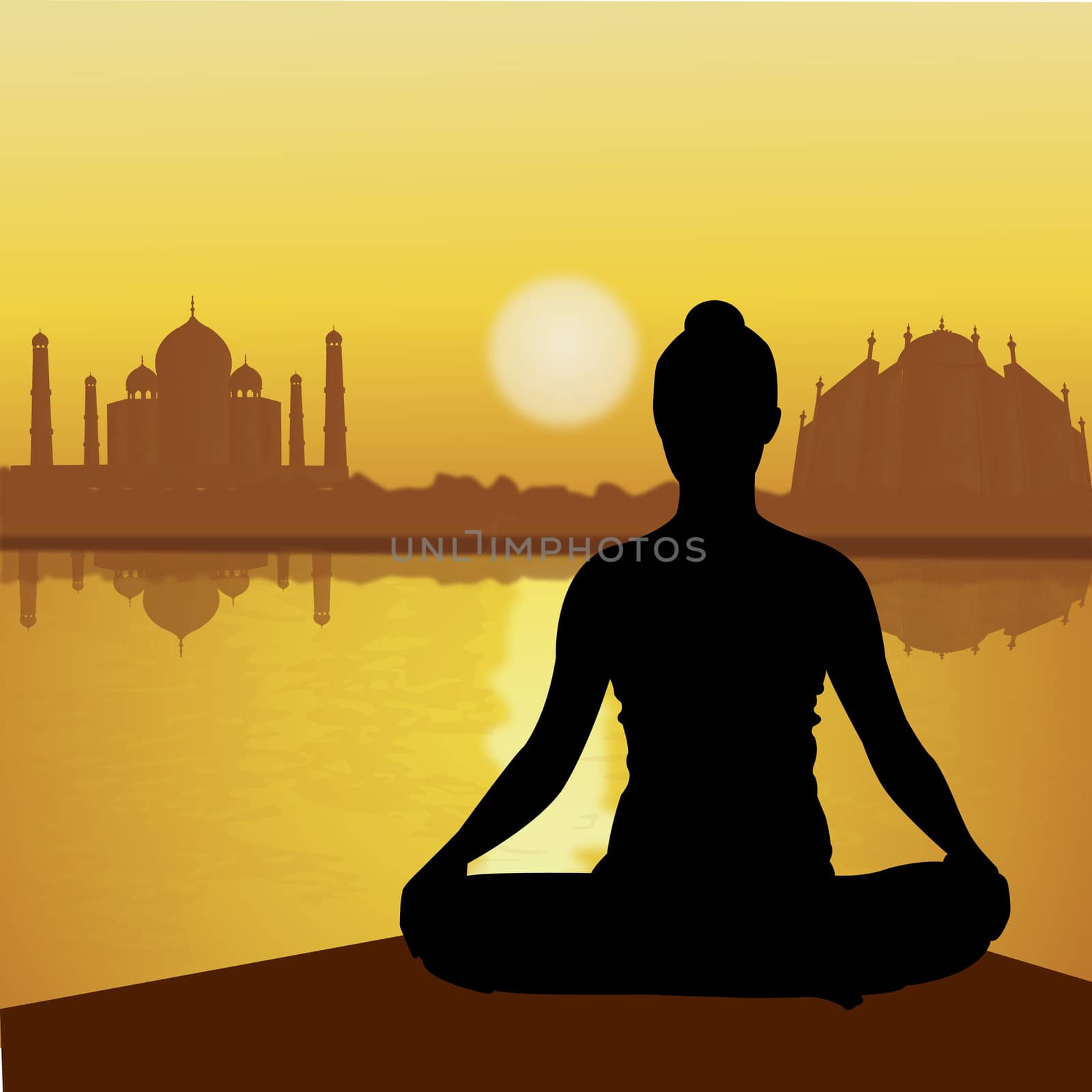 human doing yoga with taj mahal background, lake side by abhishek4383