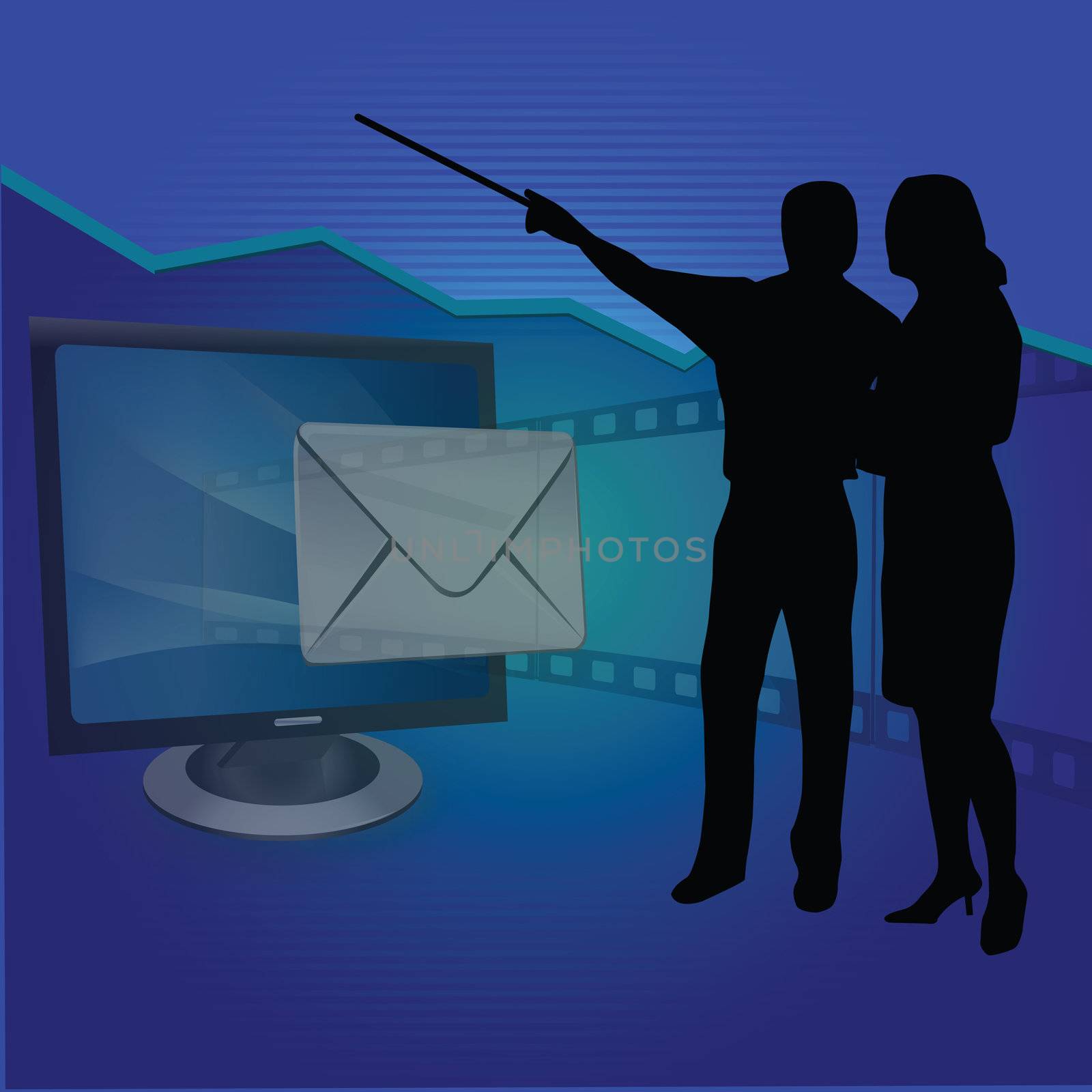 business people with silhouettes of mails and presentation