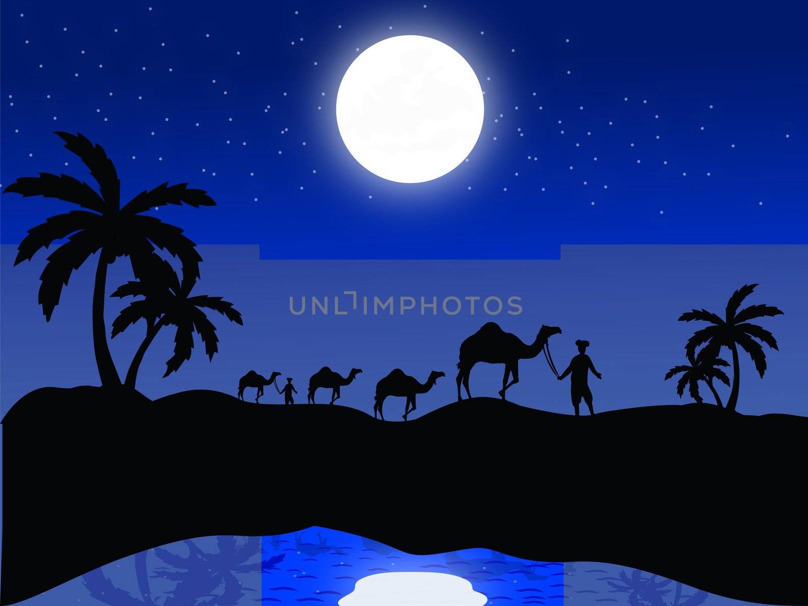 silhouette view of camels and human in moonlight by abhishek4383