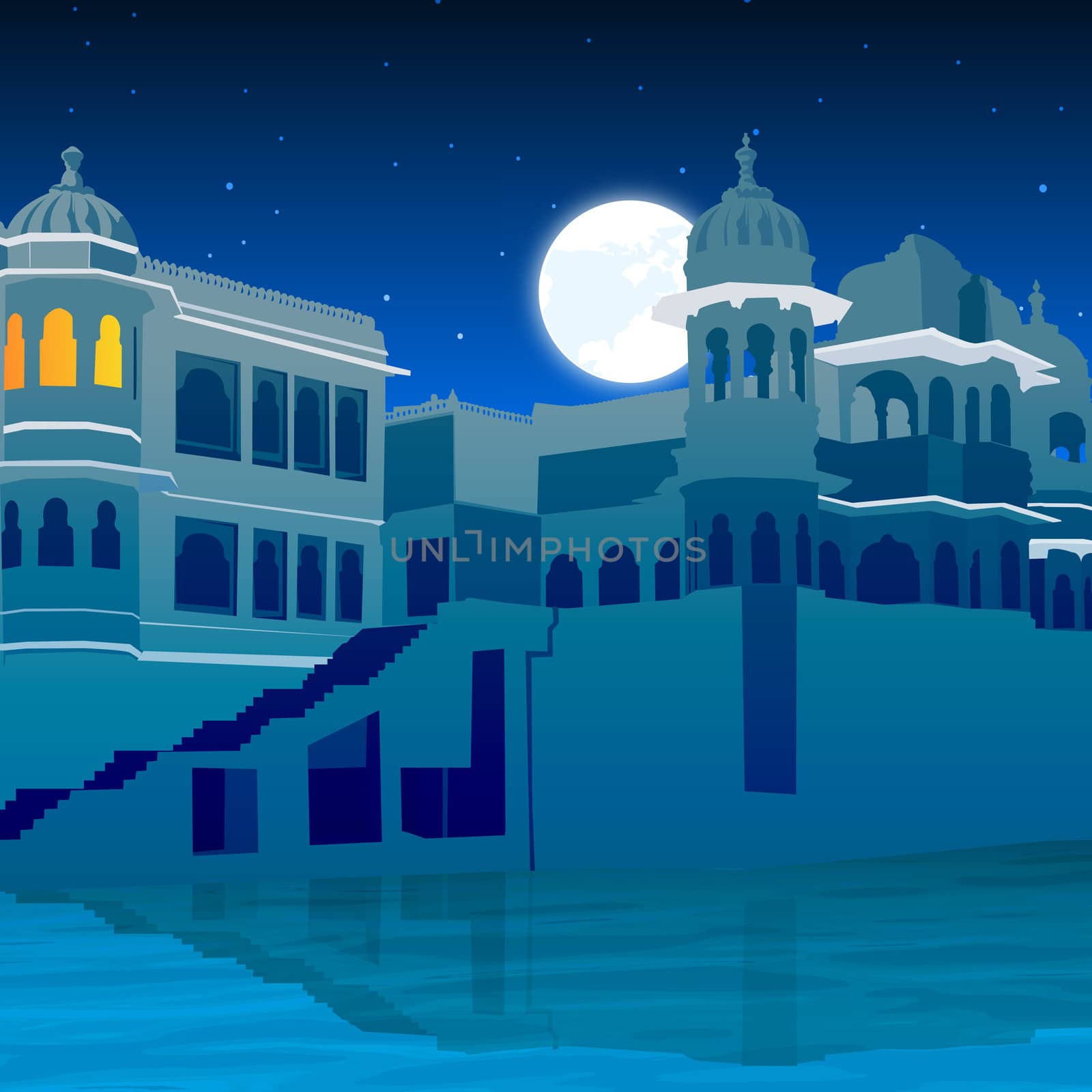 view of palace on full moon, lake side