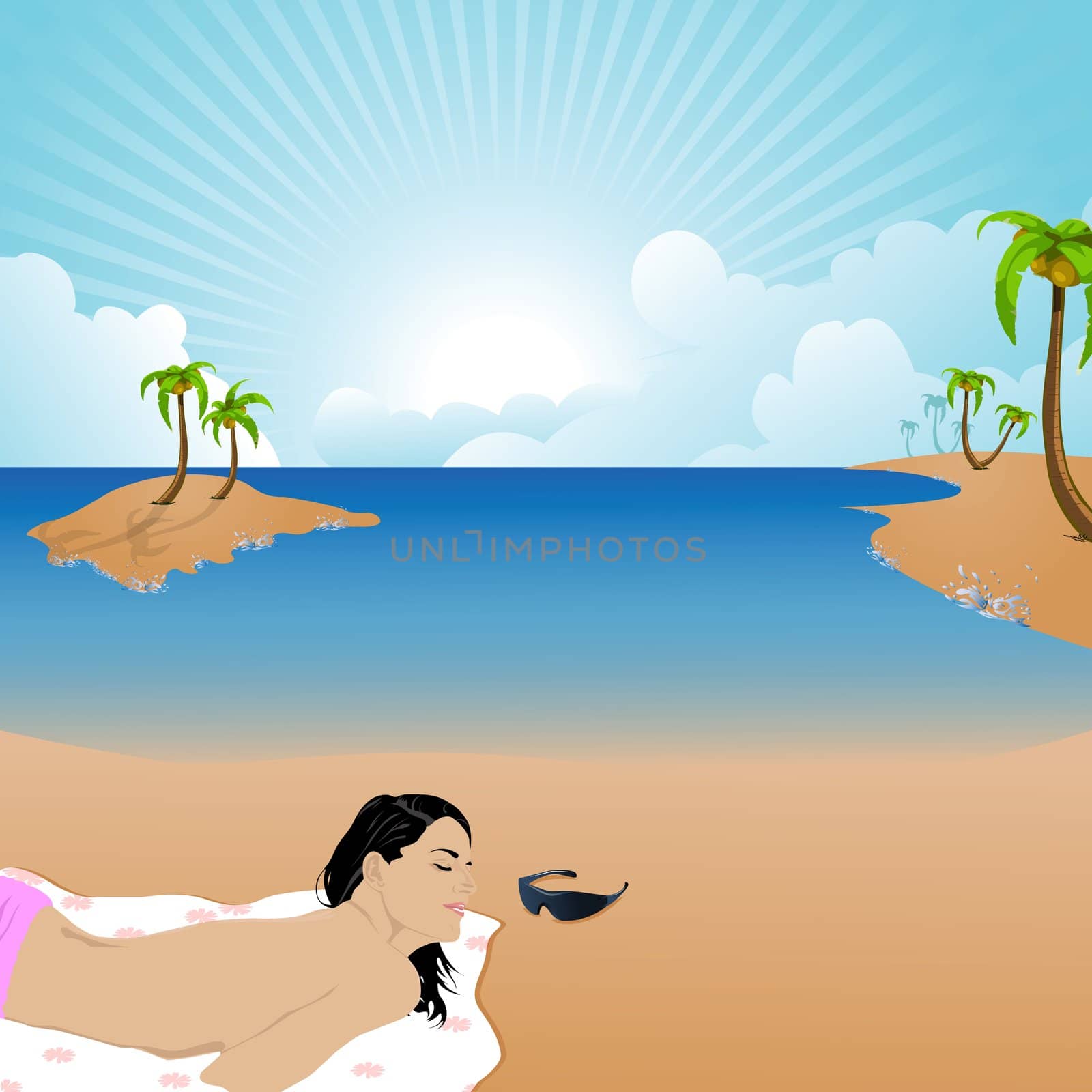woman having sunbath at a beach, shades, coconut trees by abhishek4383