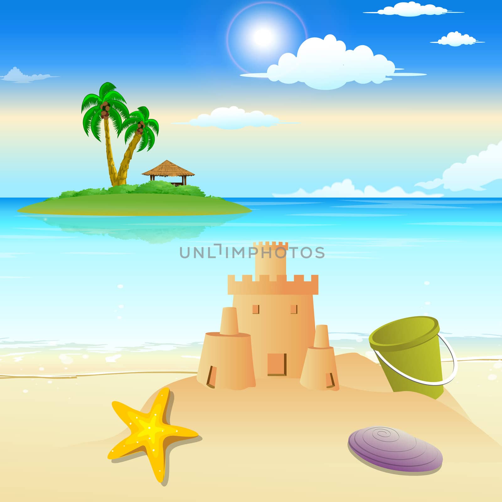 landscape view of beach, sandcastle, starfish, shells by abhishek4383
