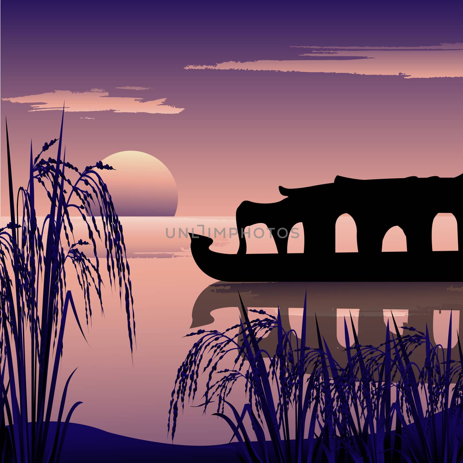 silhouette of a boathouse,backwaters and sunrise background