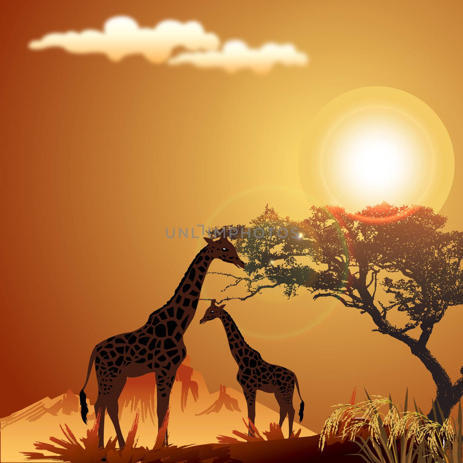 silhouette of giraffe, with jungle landscape and sun by abhishek4383