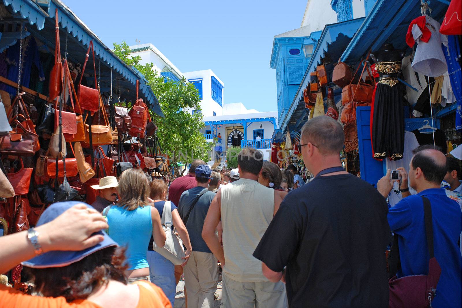 Tourists in a Street Market of Sidi Bou Said, Tunisia