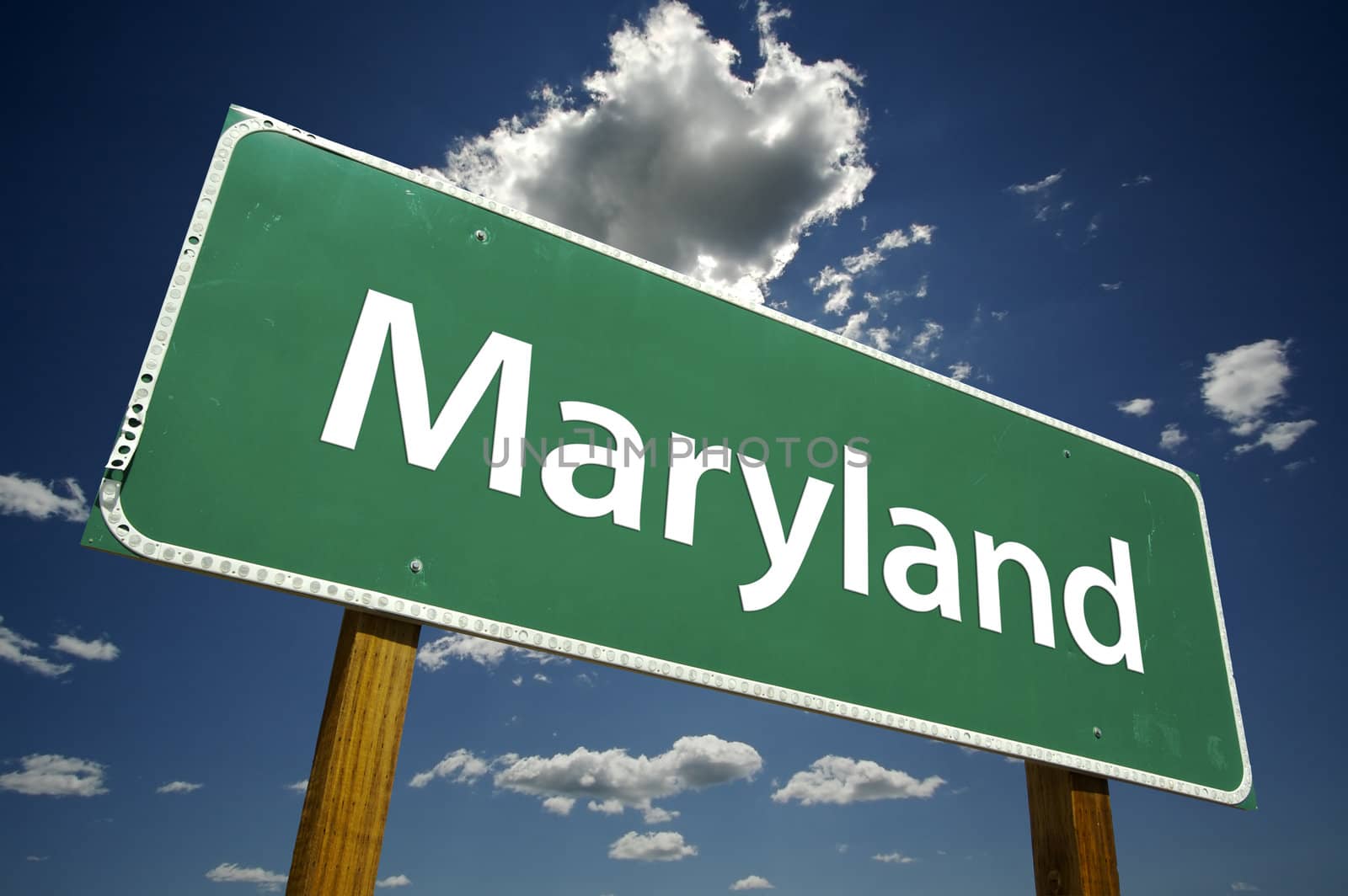 Maryland Road Sign with dramatic clouds and sky.