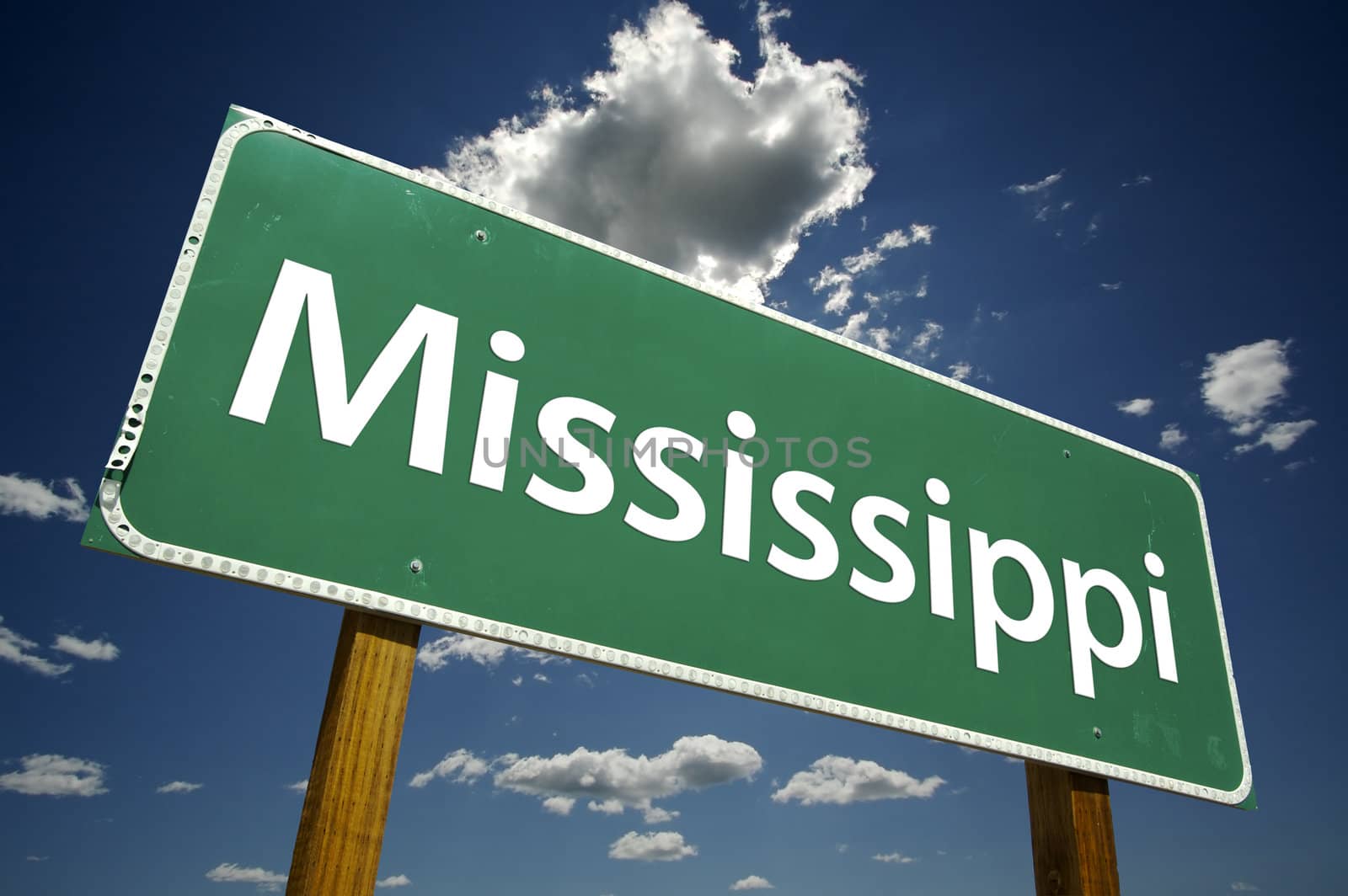 Mississippi Road Sign with dramatic clouds and sky.