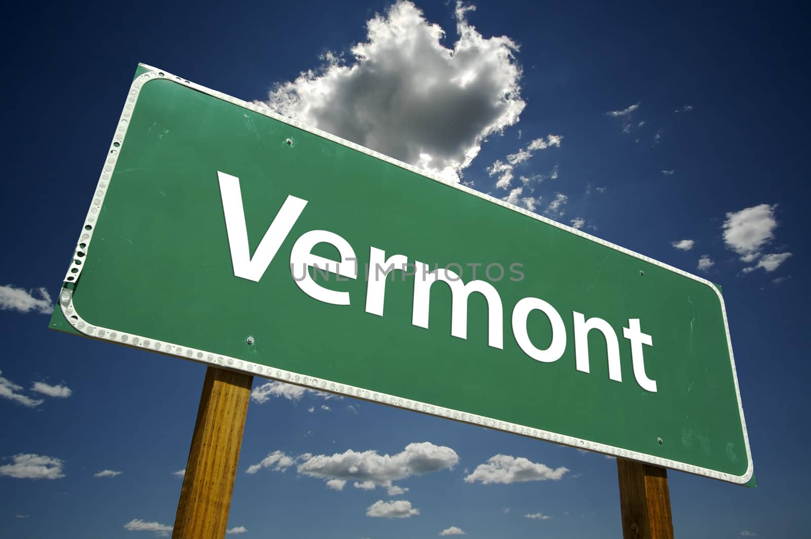 Vermont Road Sign with dramatic clouds and sky.