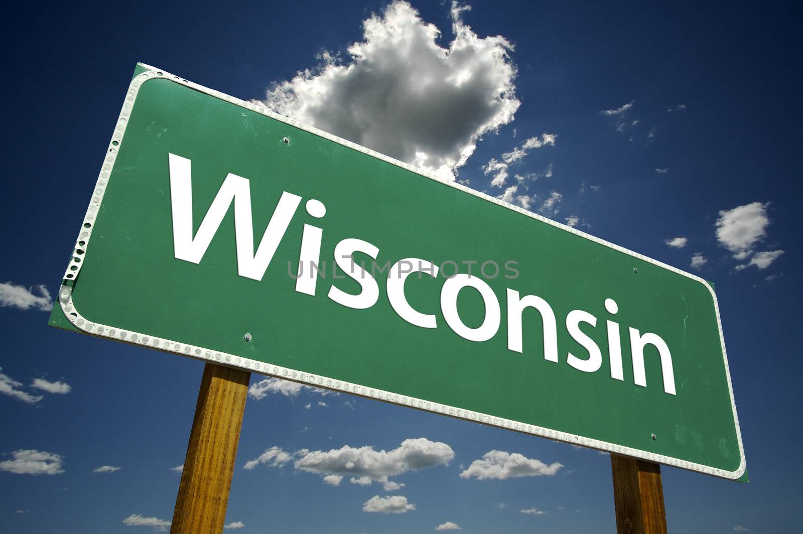 Wisconsin Road Sign with dramatic clouds and sky.