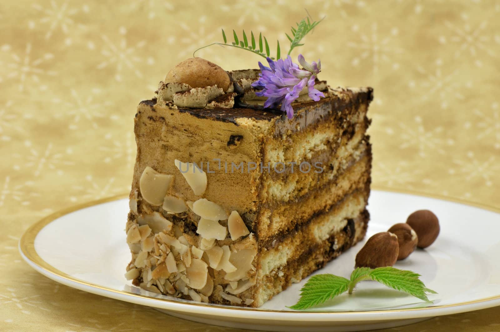 Hazelnut and chocolate cake slice decorated with leaves and purple flower