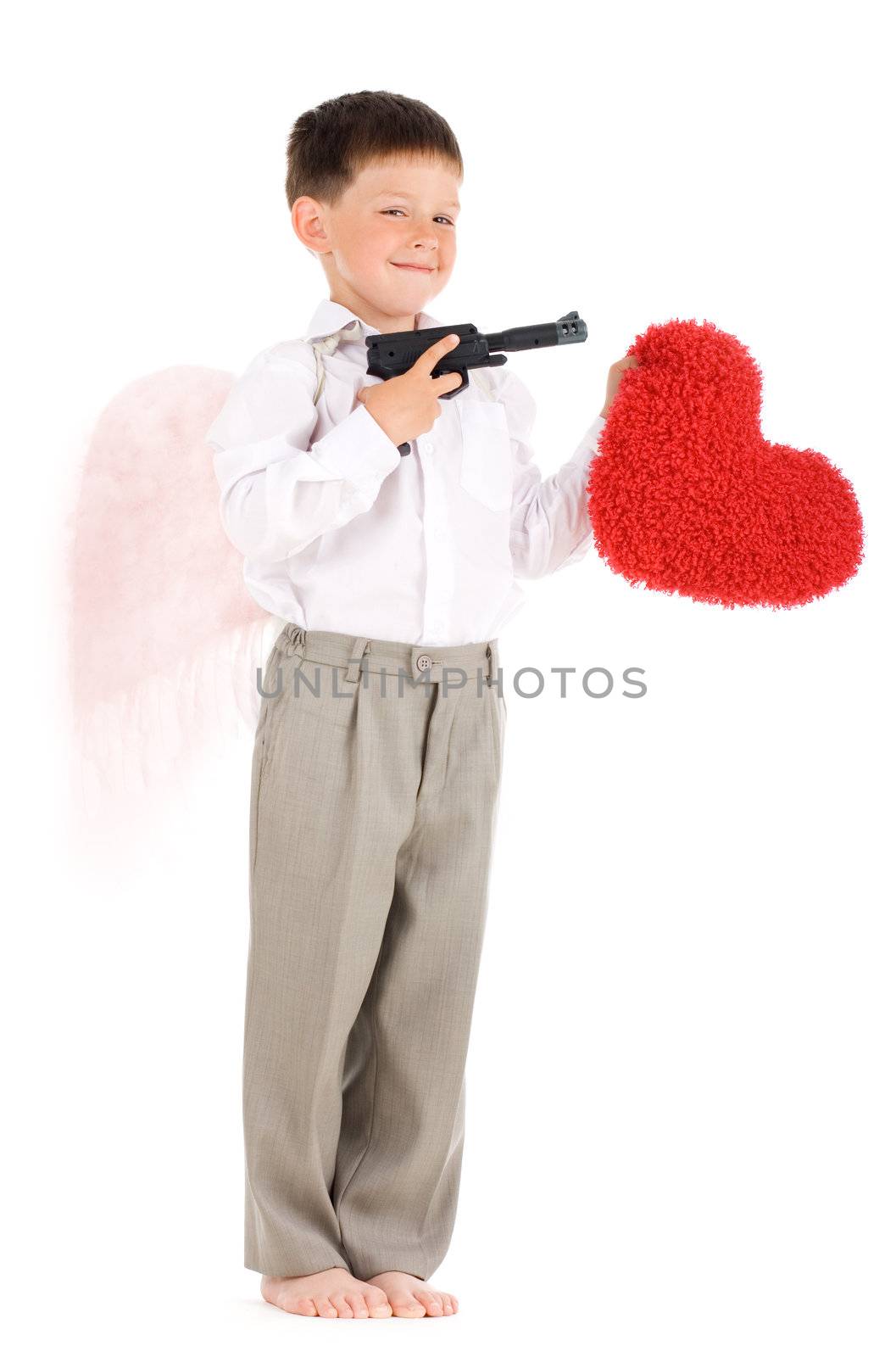 Young cupid going to shoot a red heart