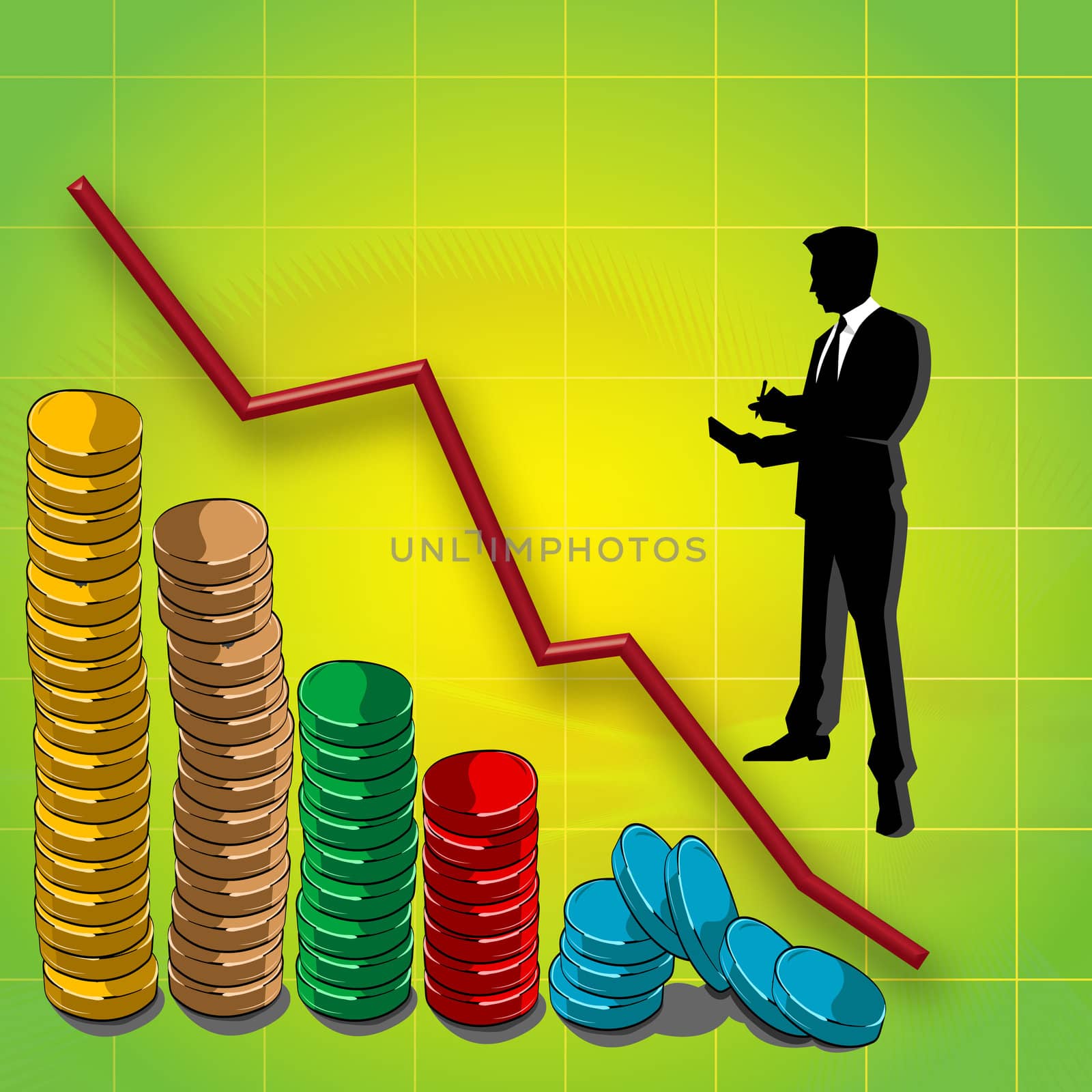 graphline and bar graph of coins, business man silhouette 
