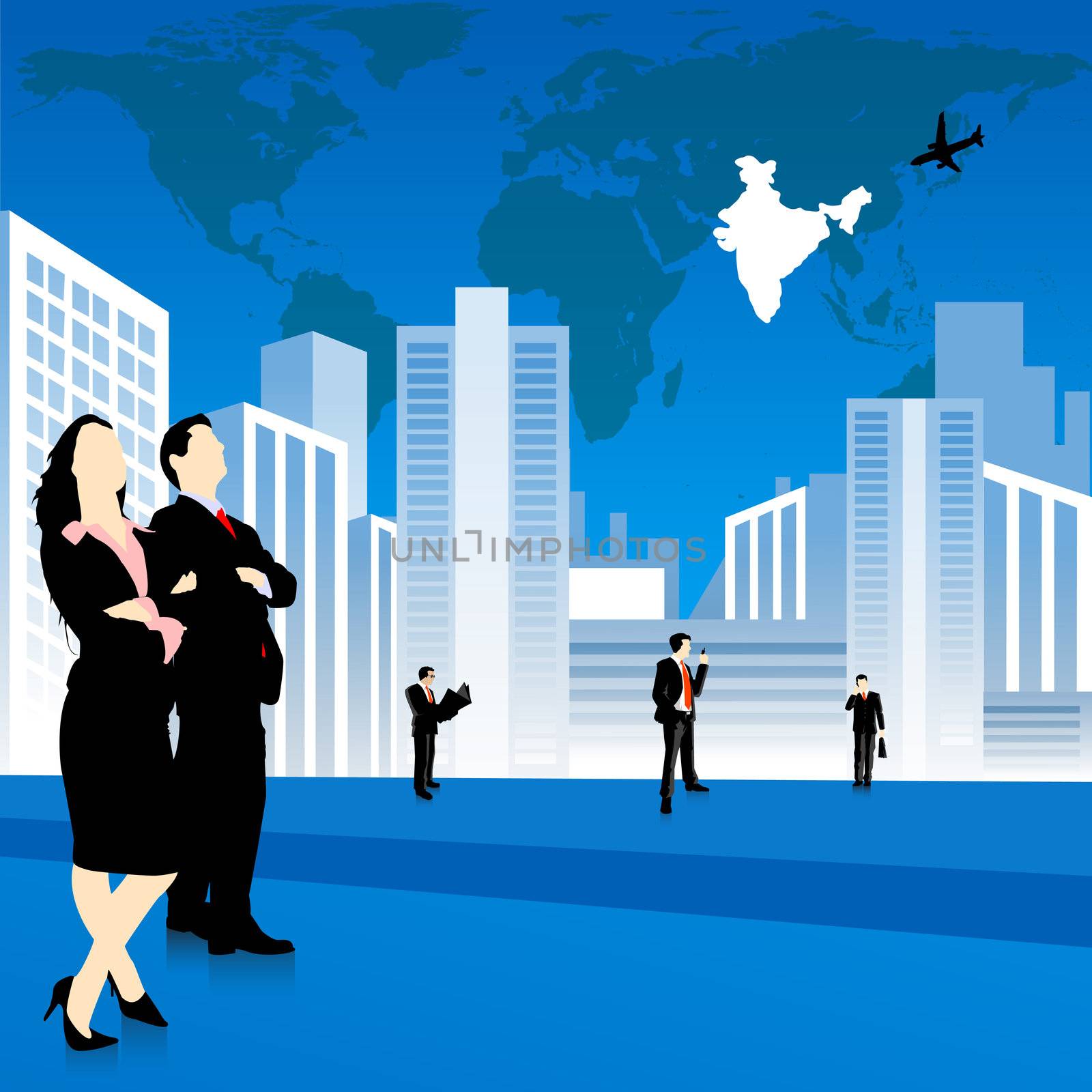 silhouettes of business people, city and world map background by abhishek4383
