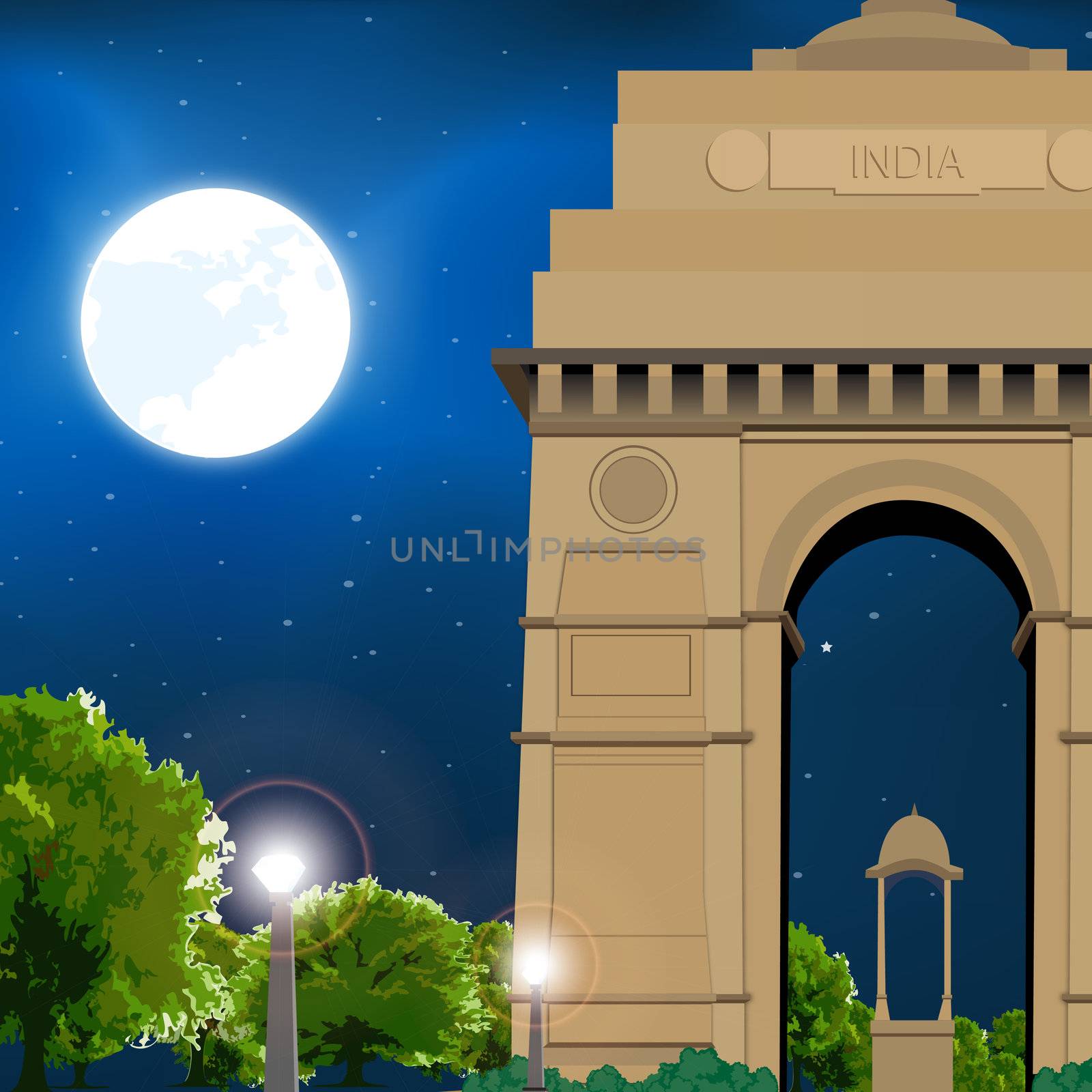 india gate, new delhi, india, moonlight, travel
