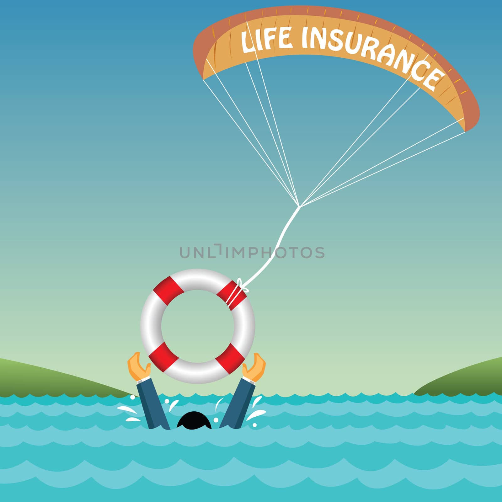 man drowning supported by tube, parachute, insurance by abhishek4383