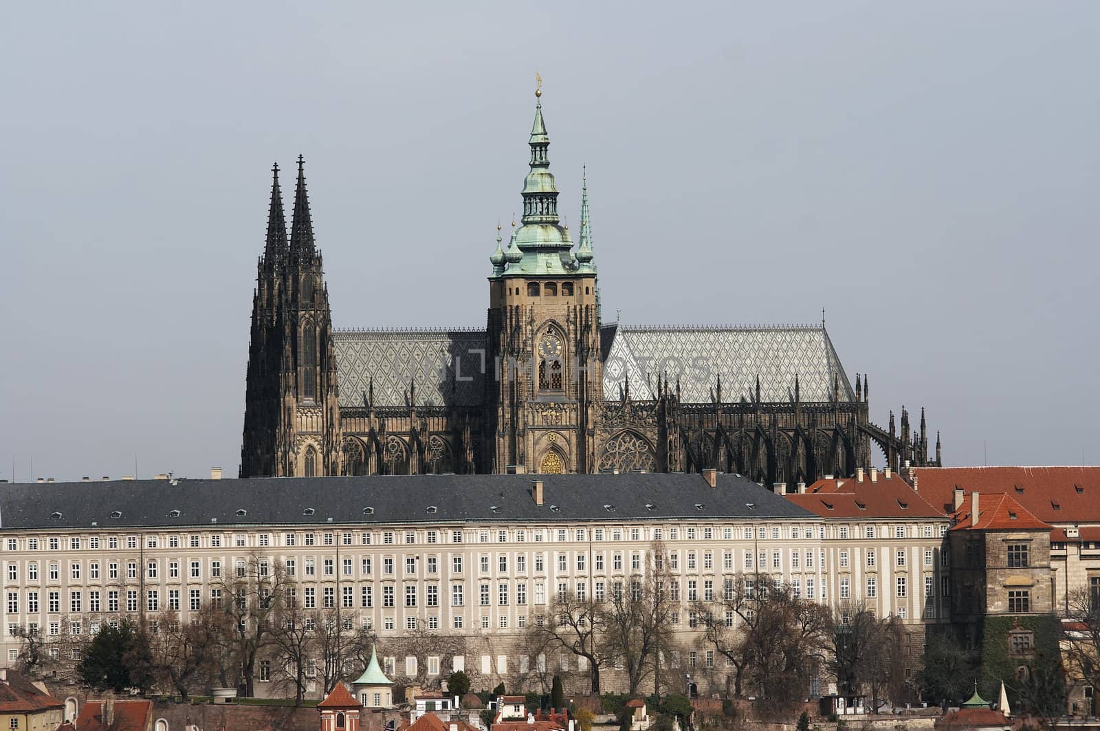 Hradcany - Cathedral of Saint Vitus in the Prague castle - the coronation cathedral of the Bohemian sovereigns, and the main of the Prague Roman - Catholic arcidiocese. The Gothic buildings was founded in 1344. Prague, Czech republic, Europe. 