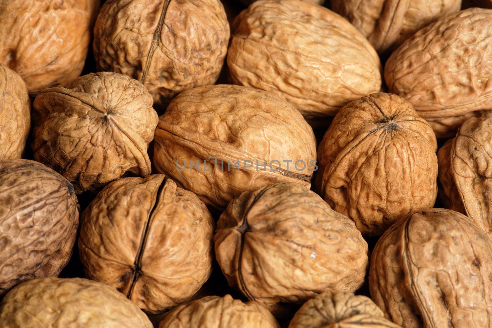 Pile of walnuts.  Focus is in the middle.
