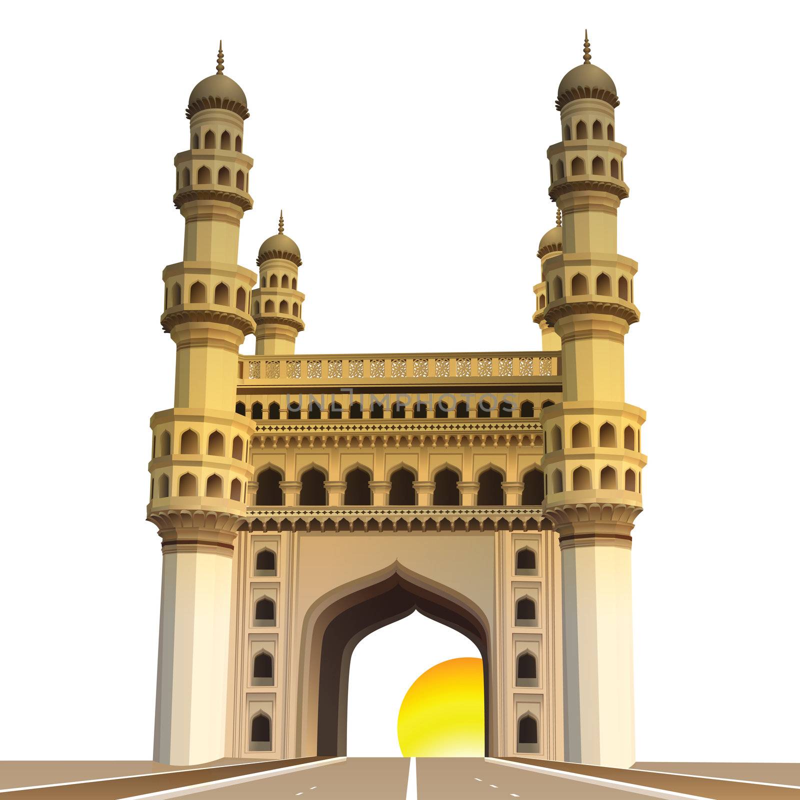 view of charminar, with sun and white background
