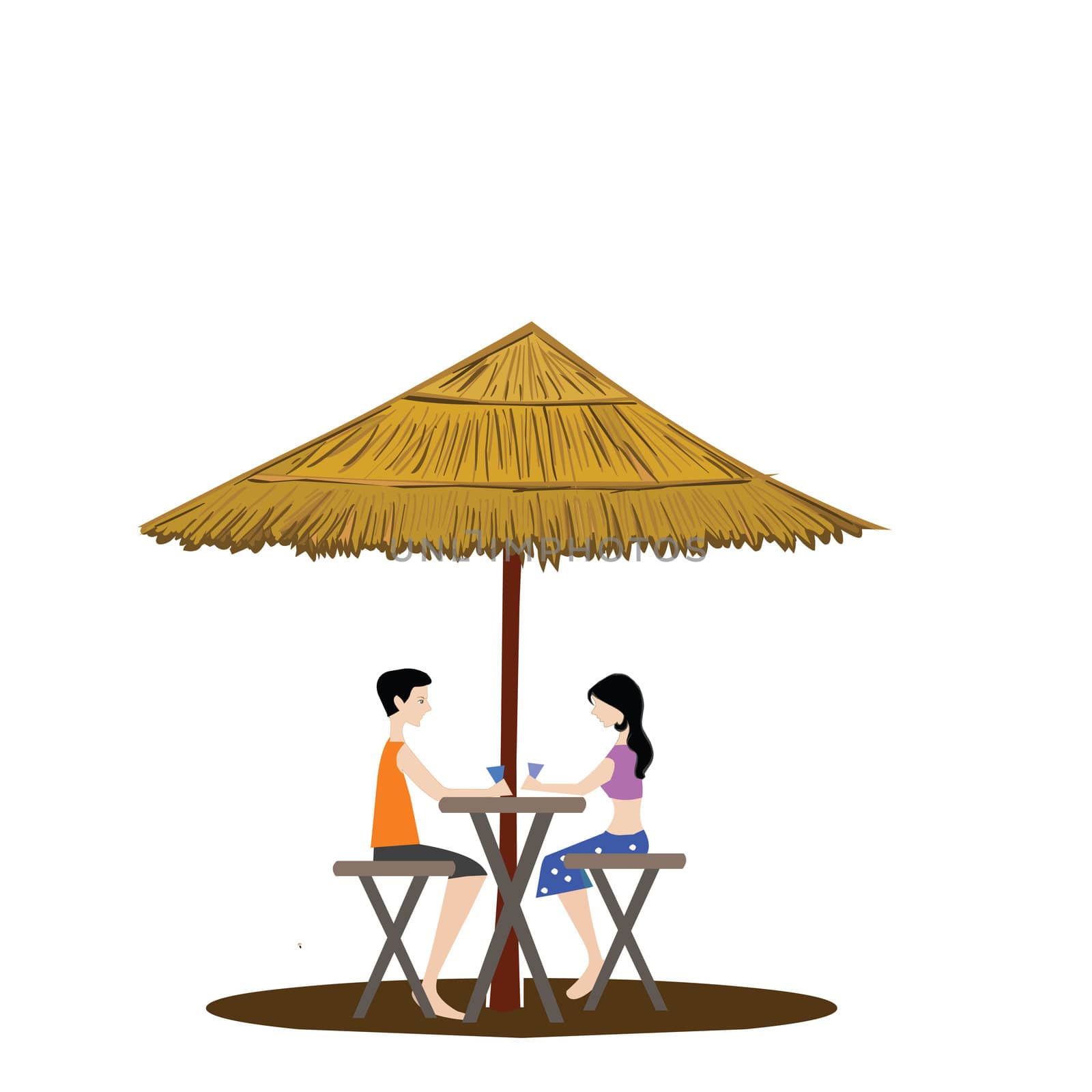 couple under a shed drinking, white background
