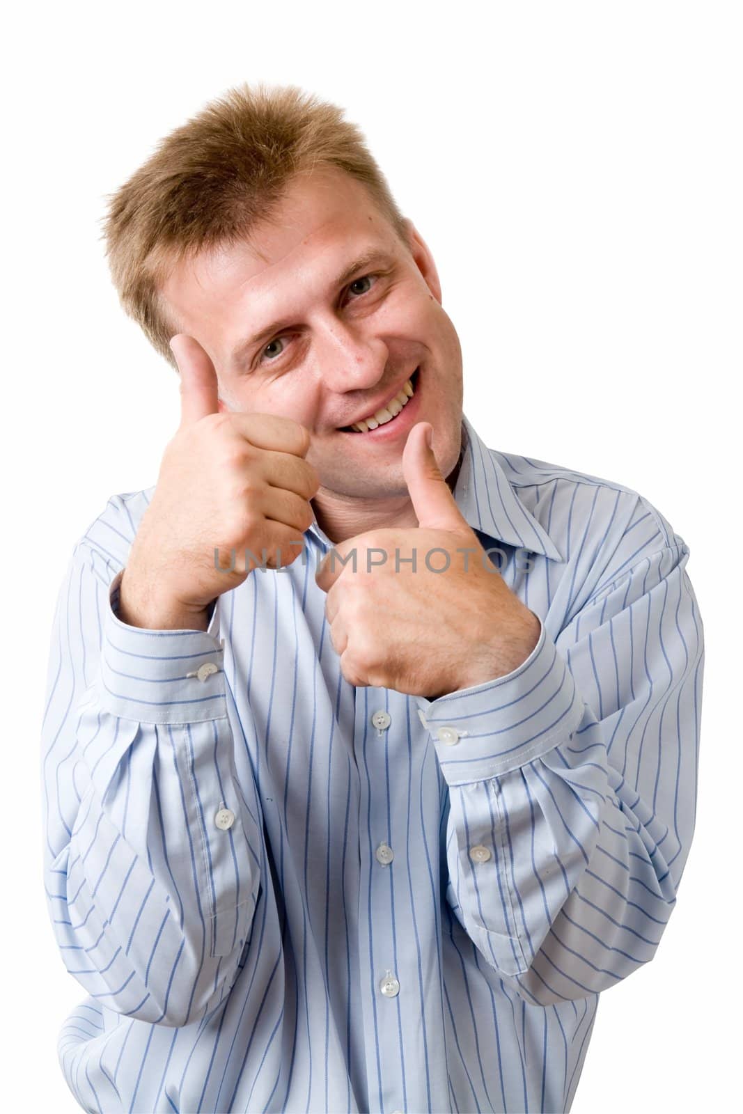 smiling young man with thumbs up on a white background