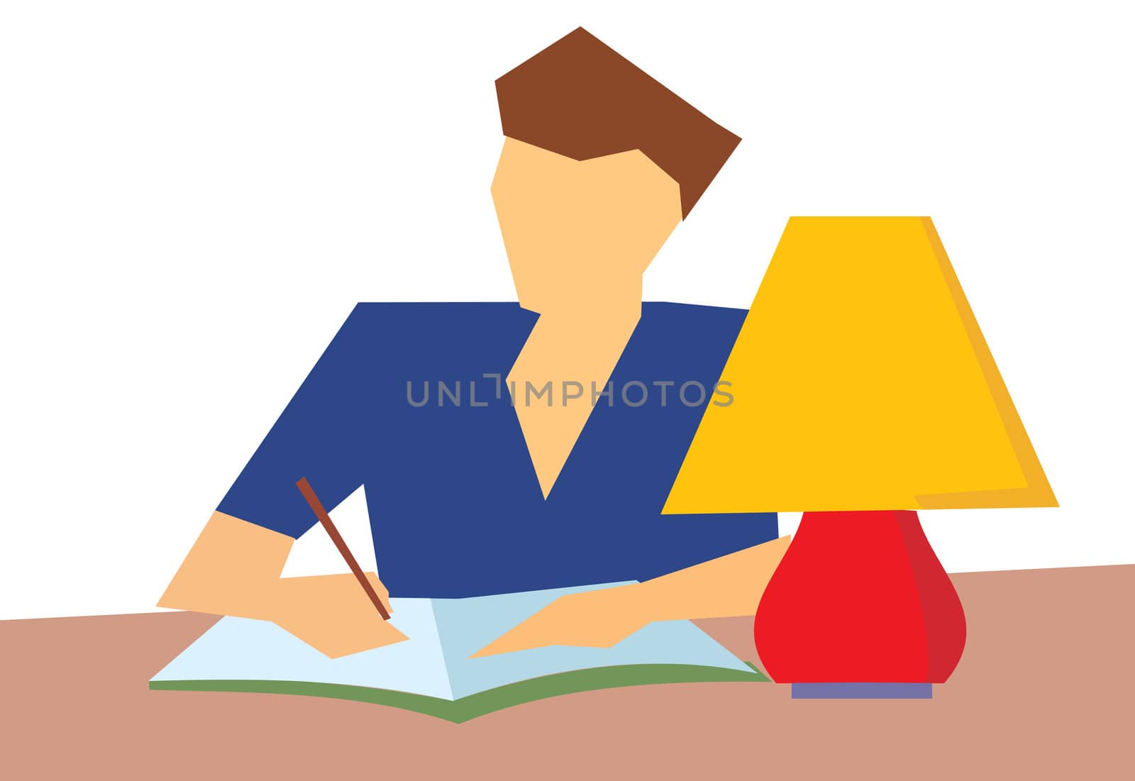 human writing in a book, table with a table lamp
