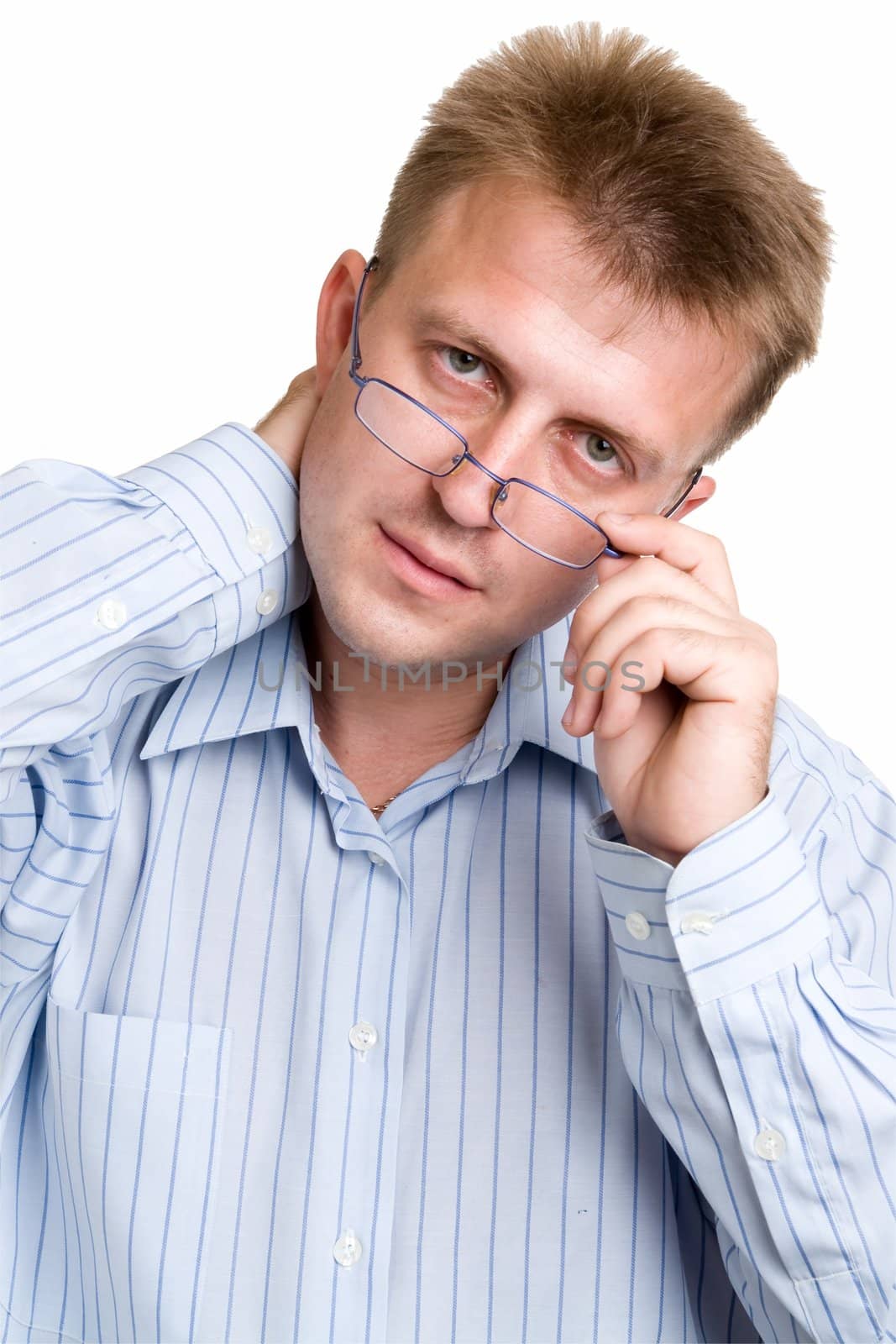 serious man with glasses on a white background.