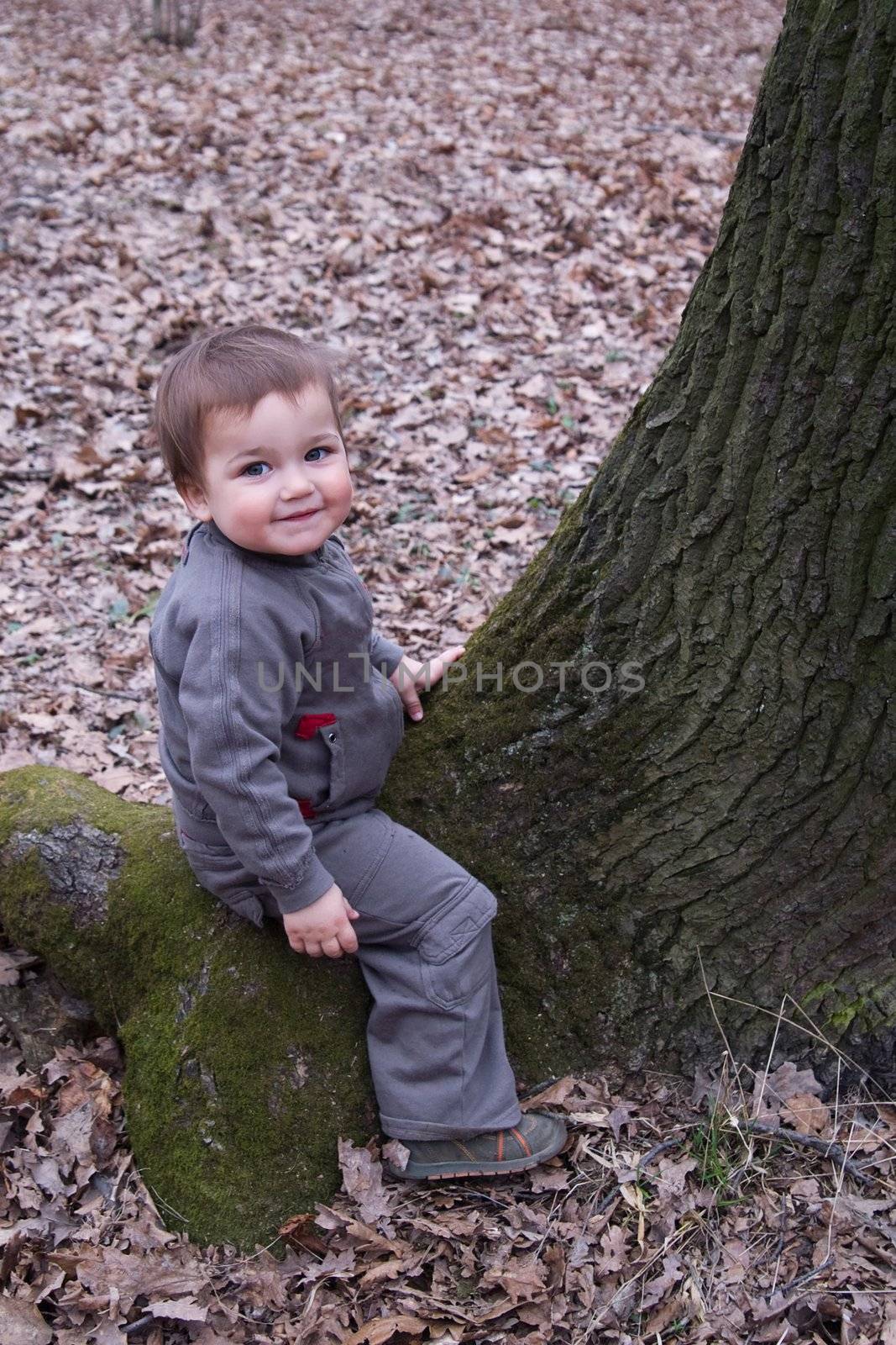 Smailingchild in brown dress sitting on green moss tree at autumn day