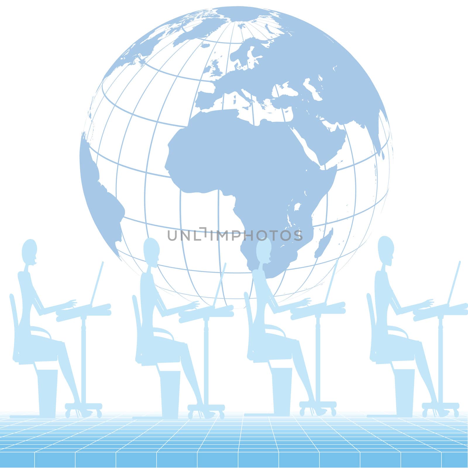 human working at workstation and globe background
