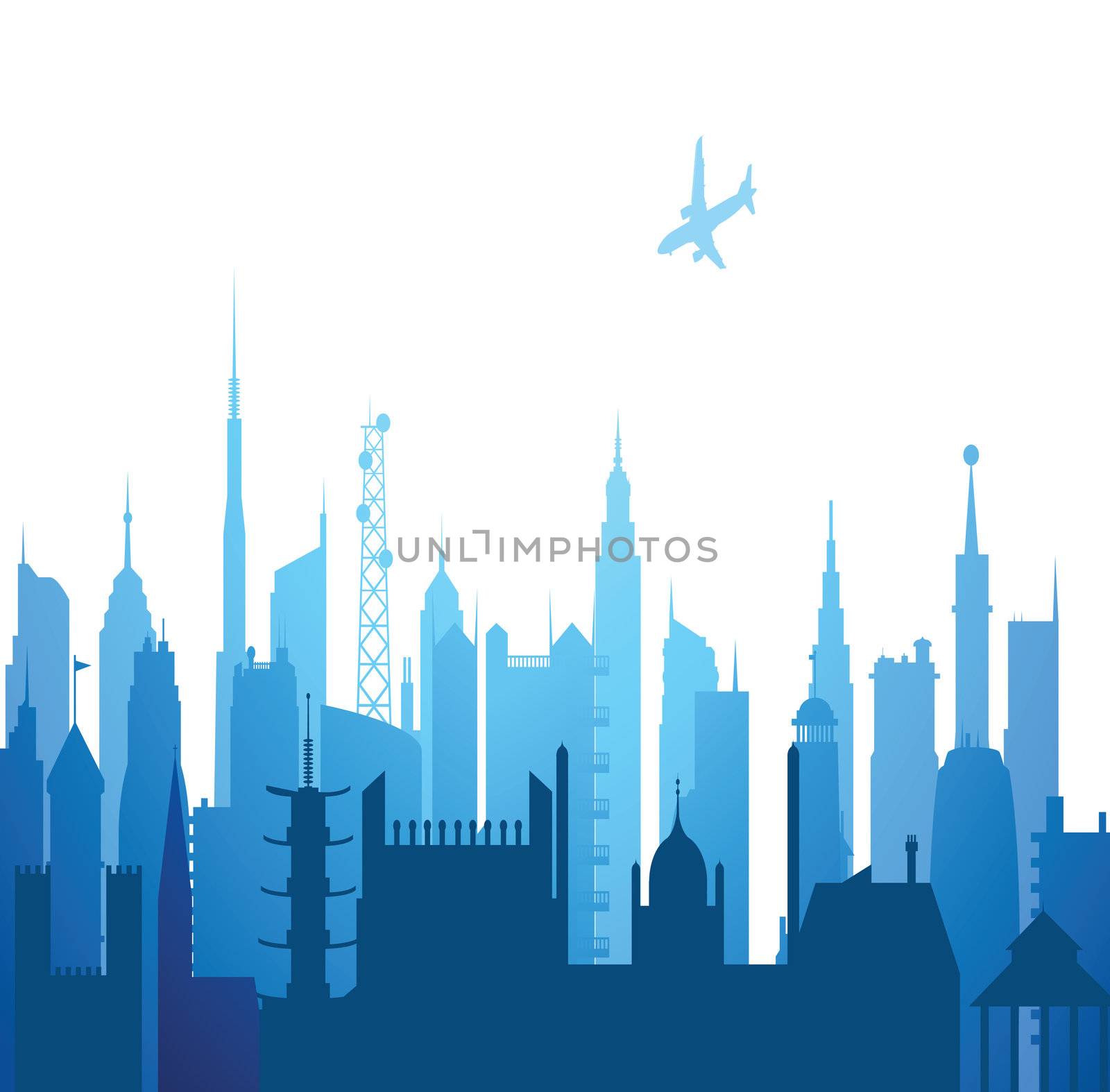 view of cityscape with buildings and airplane
