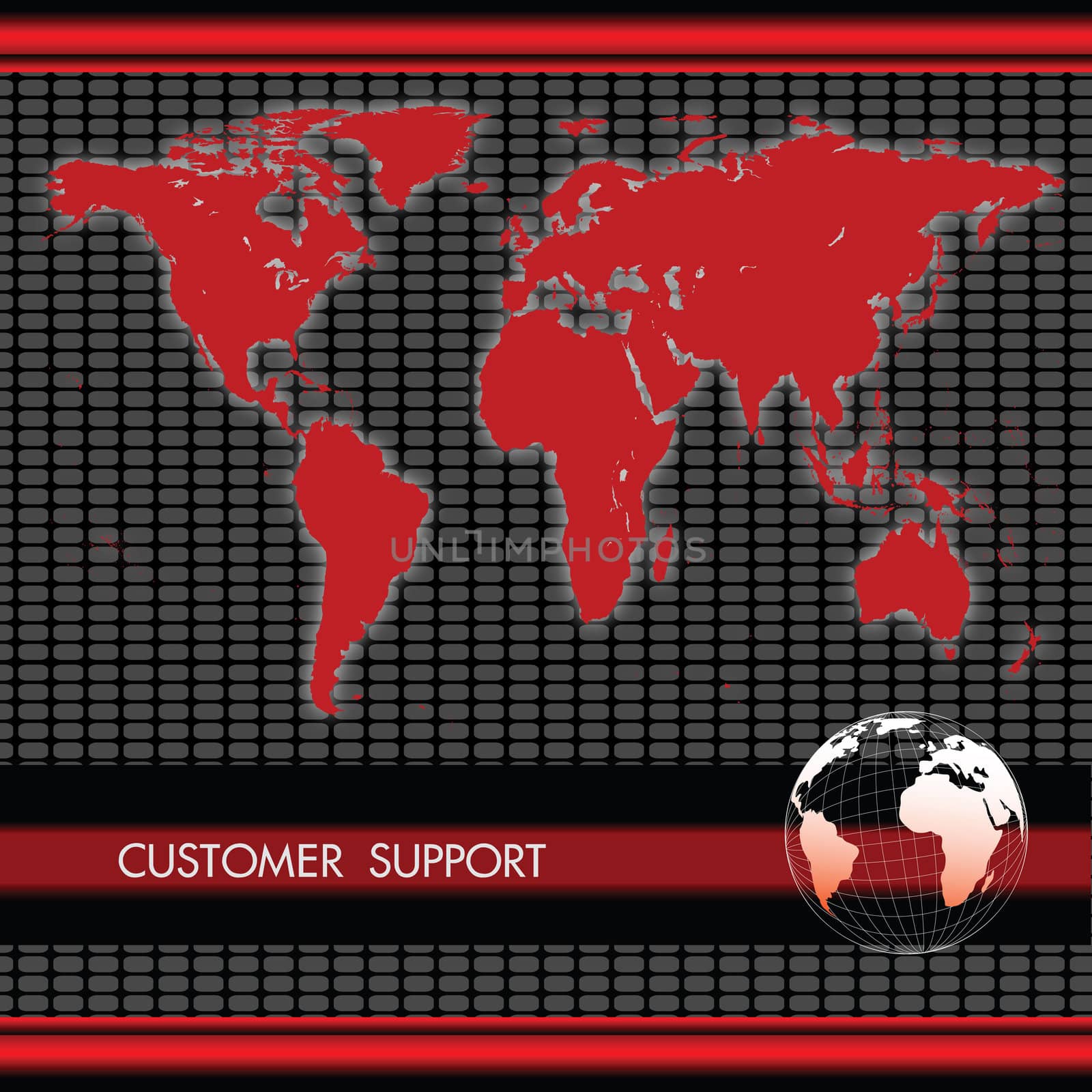 view of world map and globe with customer support
