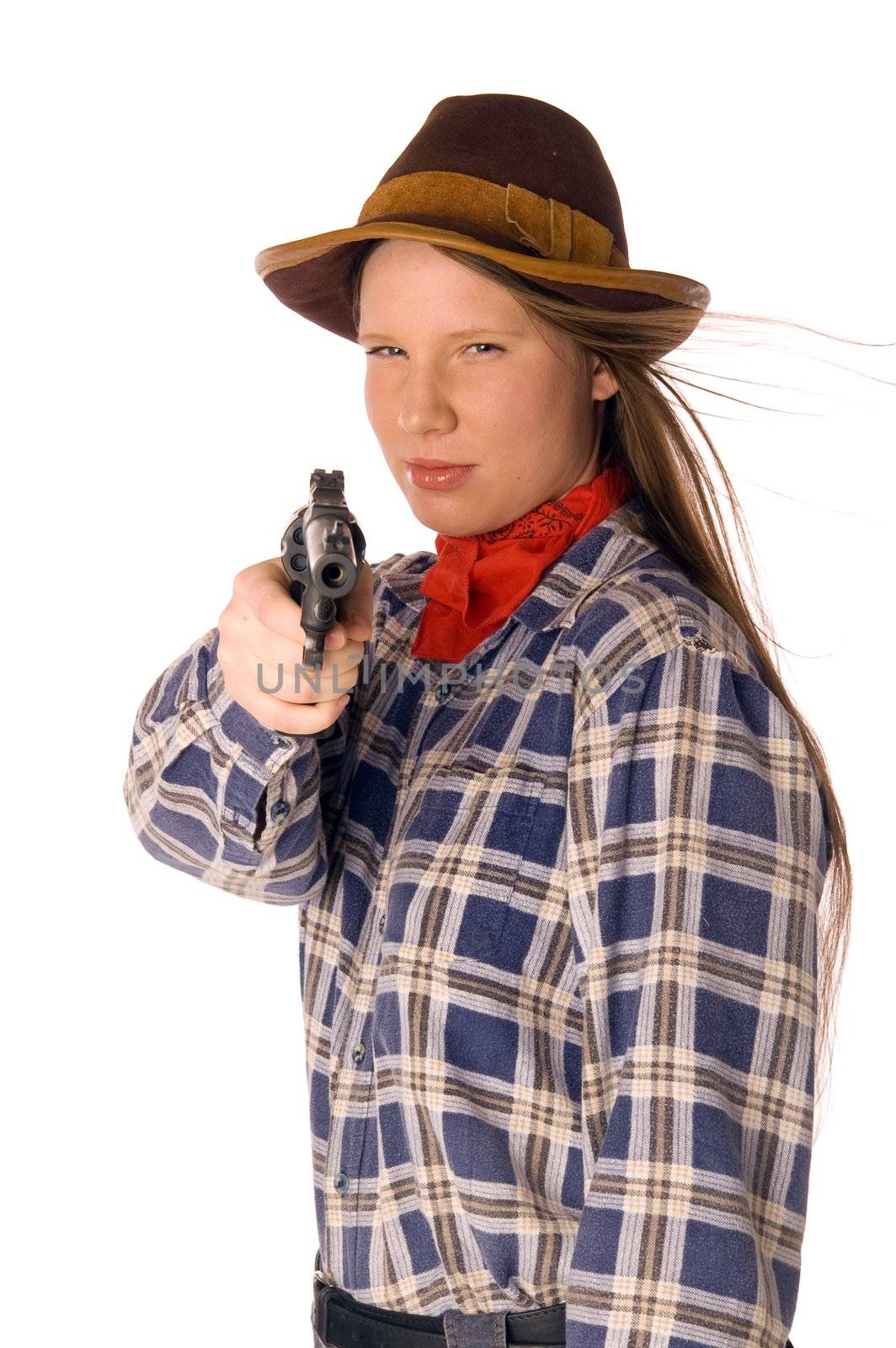 Smiling cowgirl with gun aim at someone by lilsla
