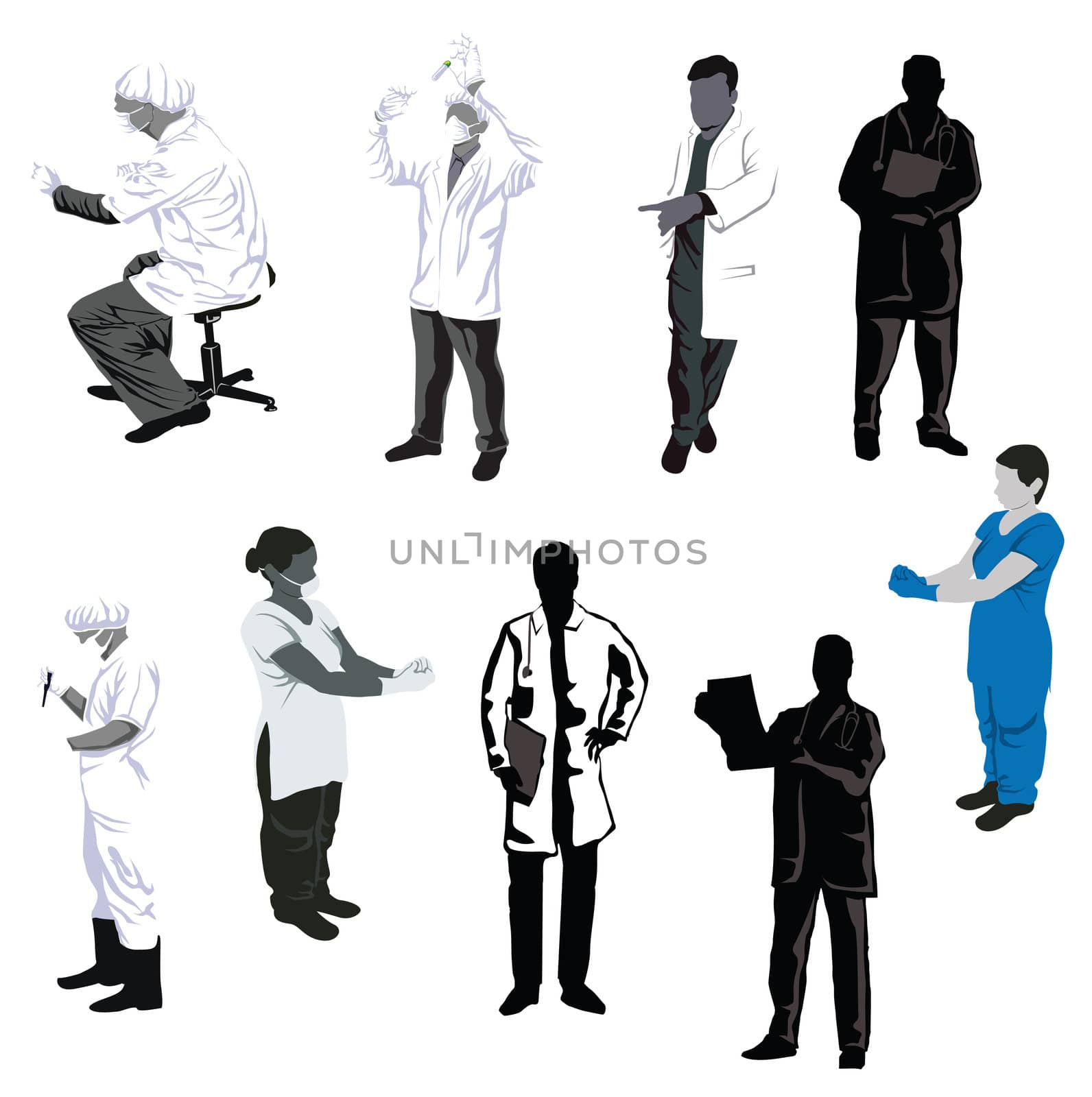 collection of human motifs as doctors, scientist
