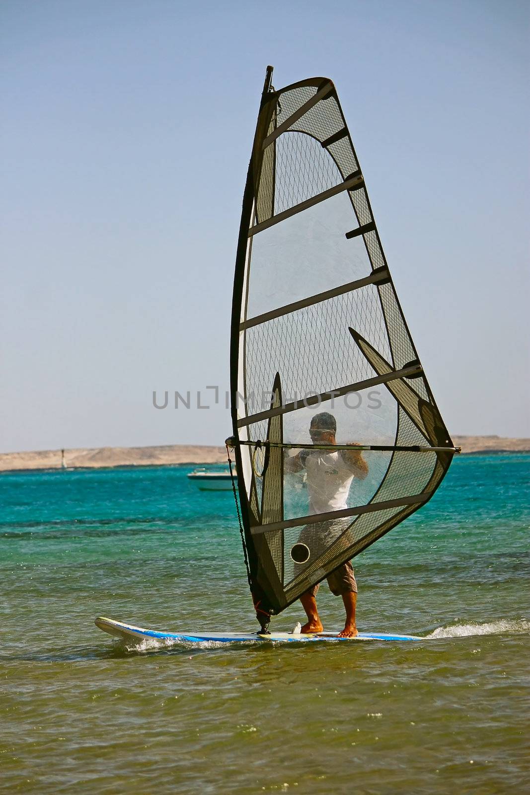 Egypt. Fast moving windsurfing on the background of the sea.