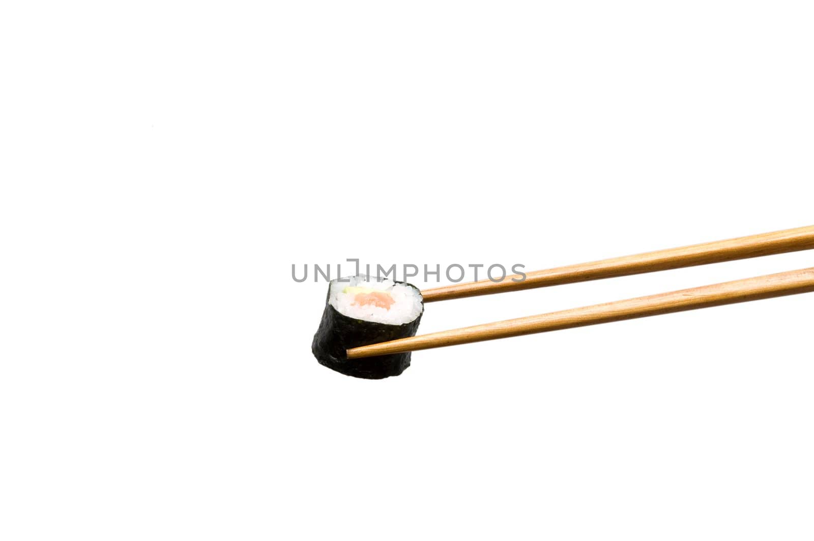 Two chopsticks with roll (isolated on white)